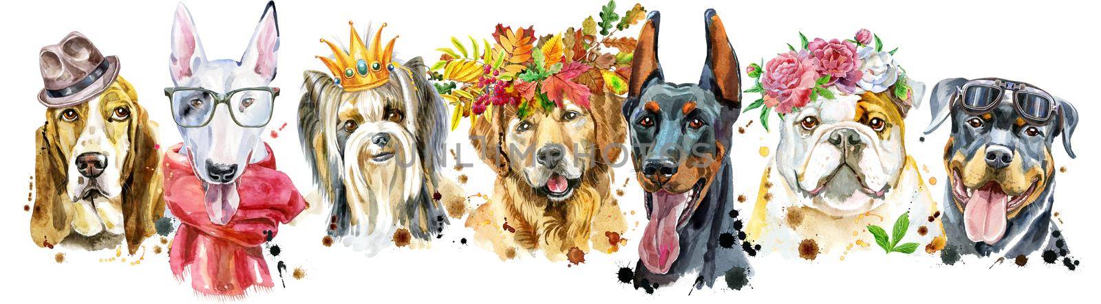 Border from watercolor portraits of dogs for decoration by NataOmsk