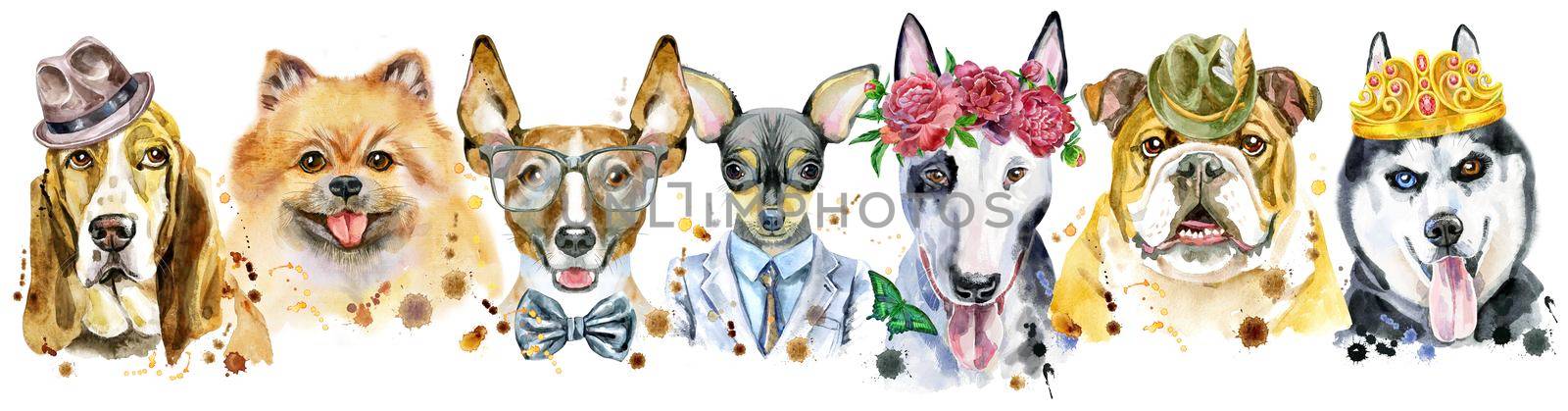 Border from watercolor portraits of dogs for decoration by NataOmsk