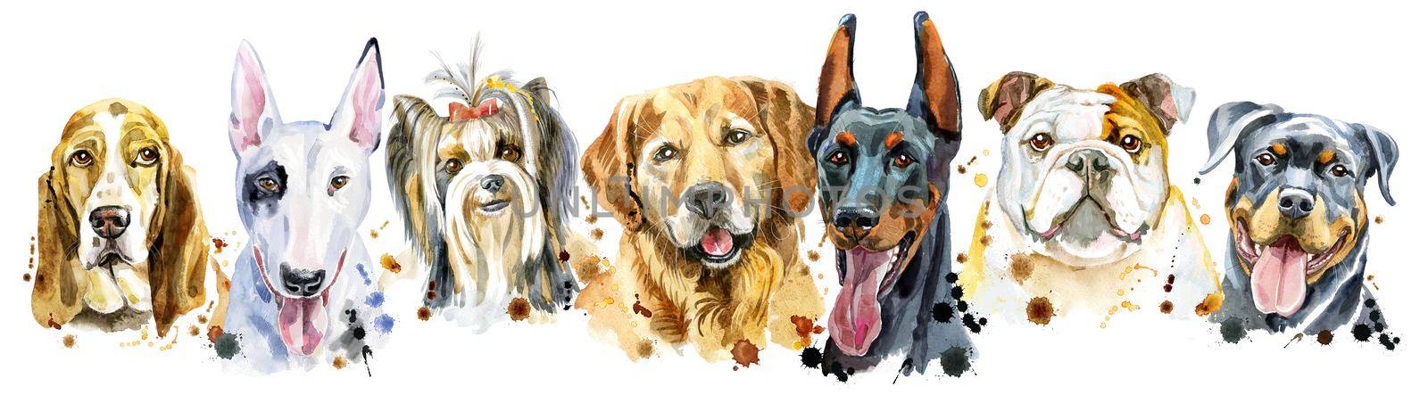 Border from watercolor portraits of dogs for decoration by NataOmsk