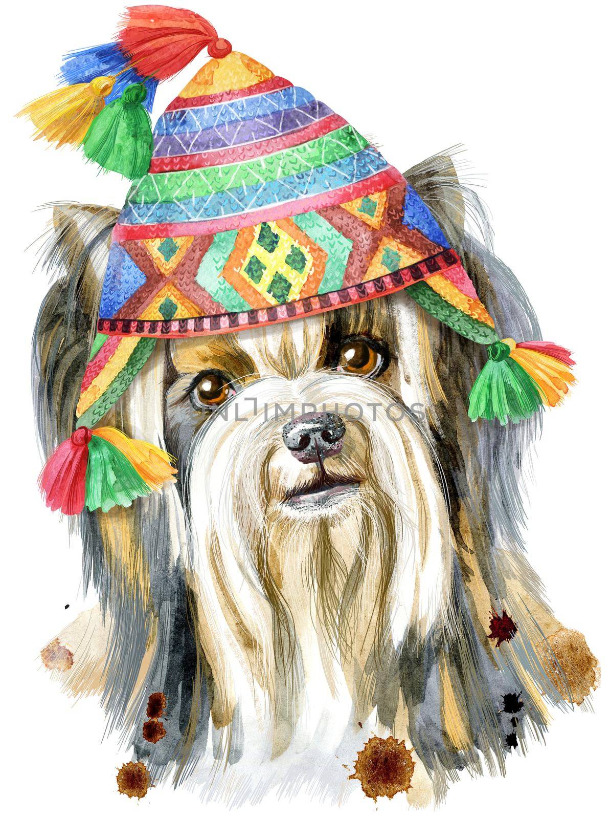 Dog, yorkie in chullo hat on white background. Hand drawn sweet pet illustration. Symbol of the year 2018