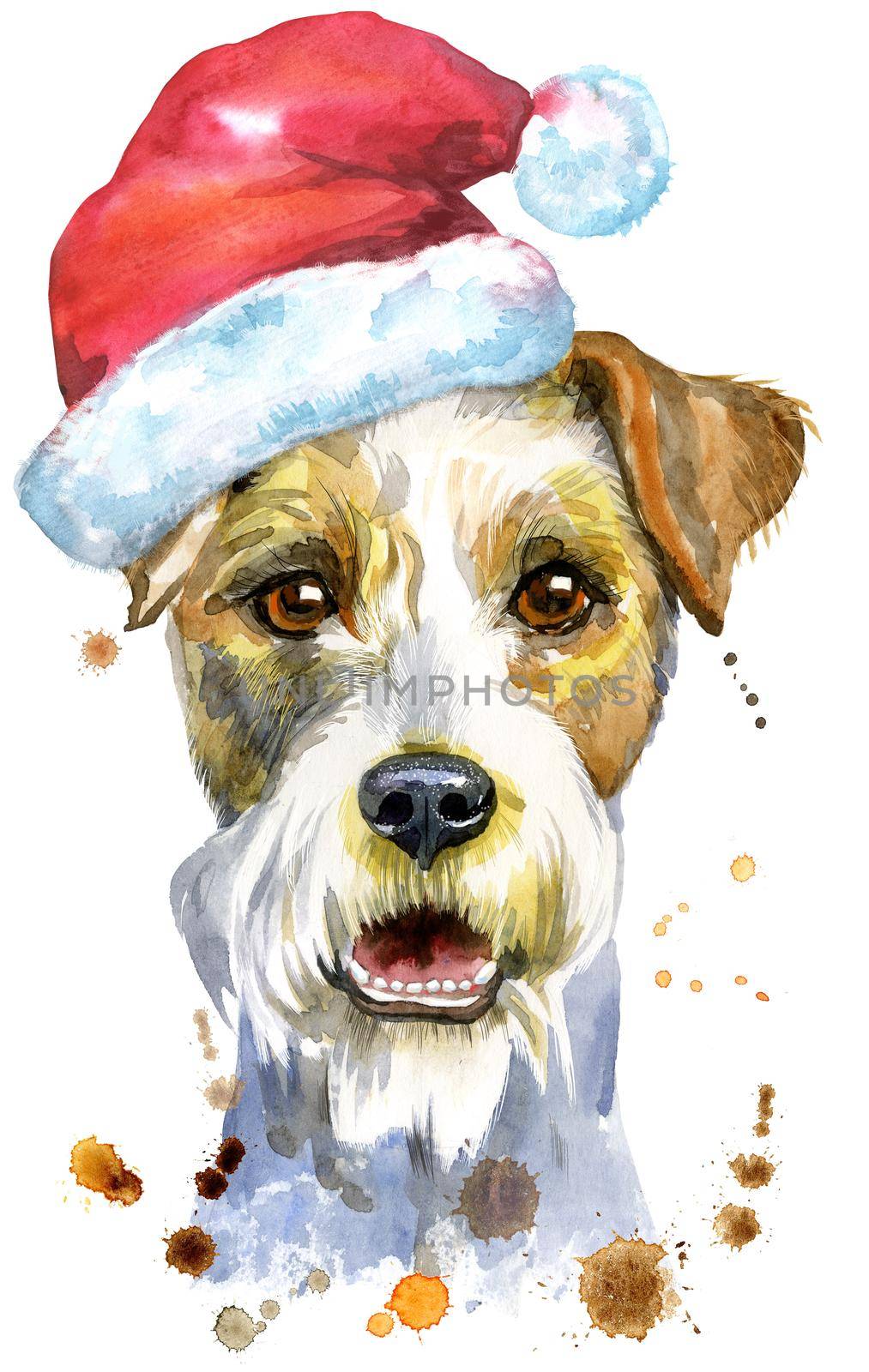 Watercolor portrait of airedale terrier dog with Santa hat by NataOmsk