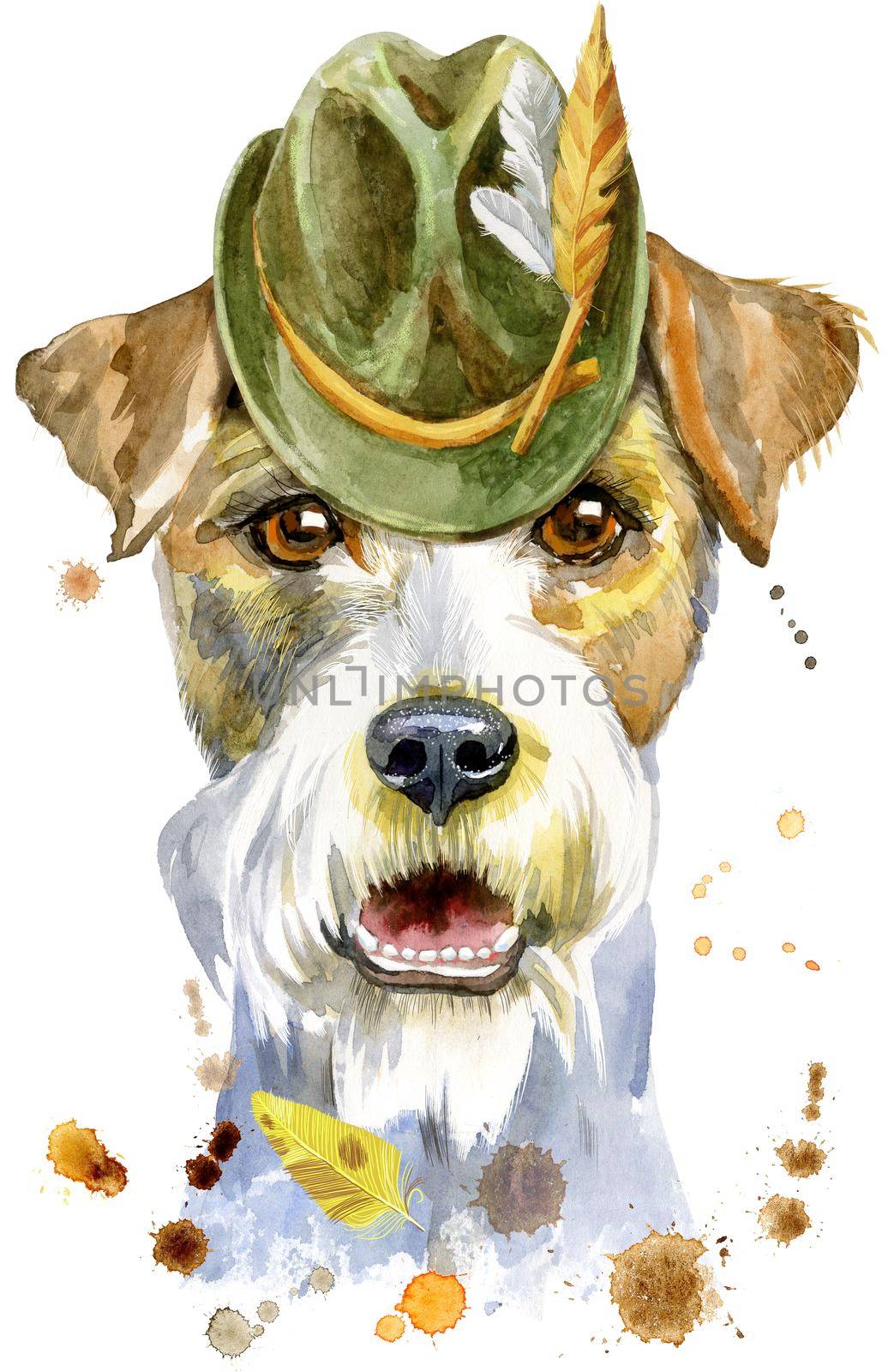 Watercolor portrait of airedale terrier dog in tyrolean hat by NataOmsk