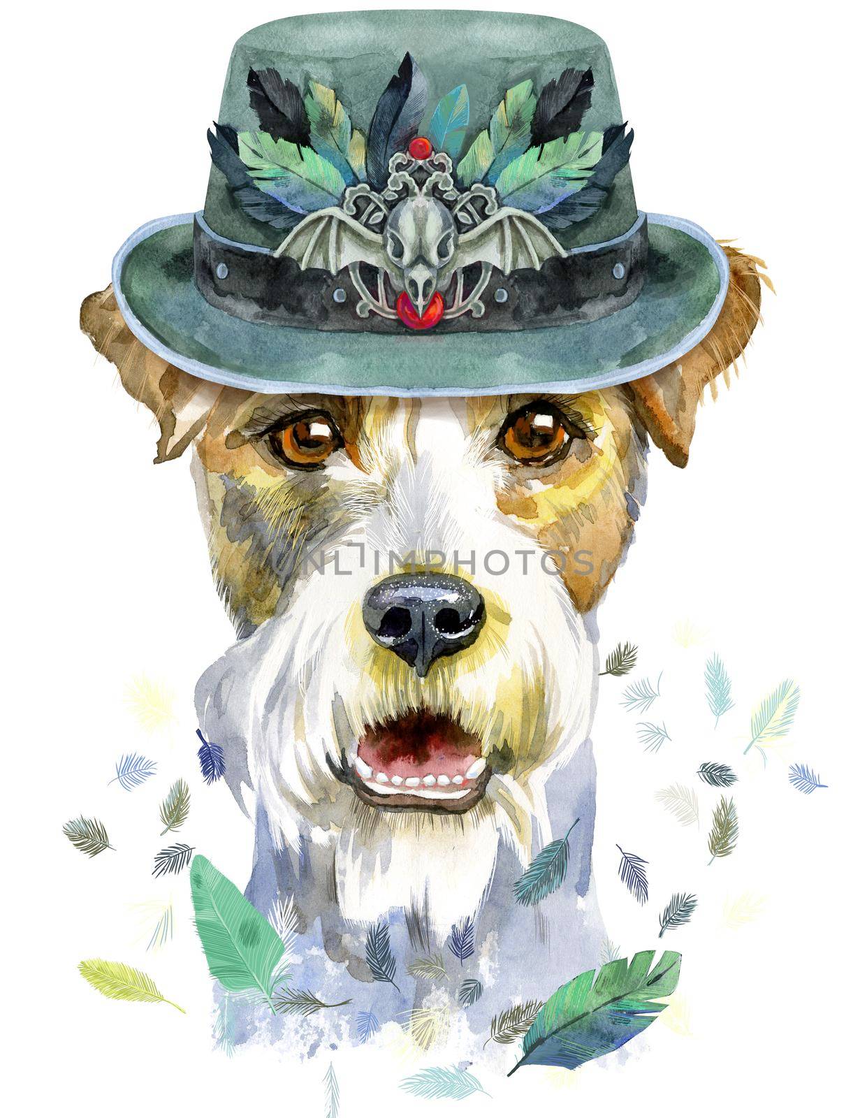 Watercolor portrait of airedale terrier dog in olive hat with raven skull and feathers by NataOmsk