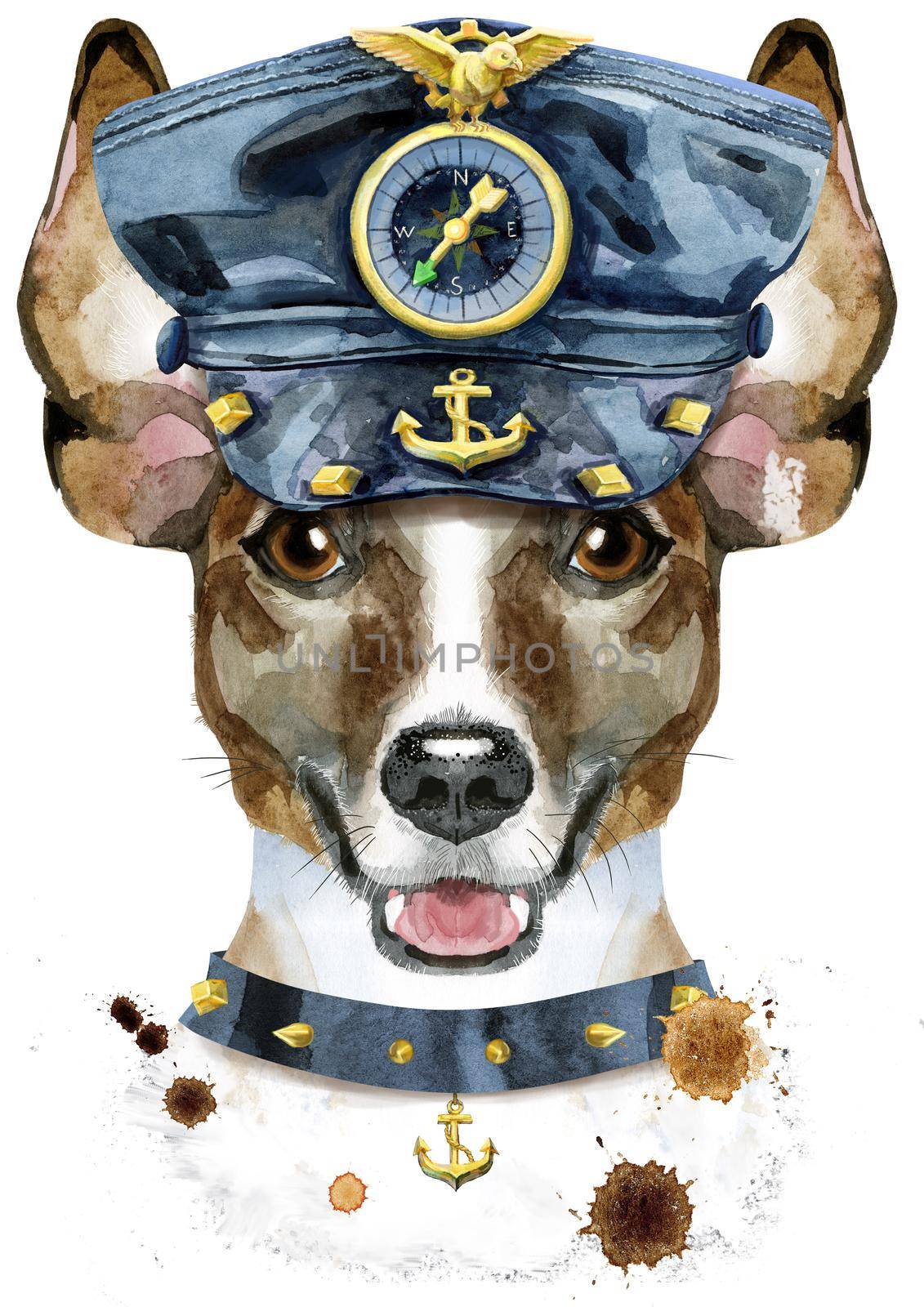 Cute Dog dog in collar and leather cap with anchors. Dog T-shirt graphics. watercolor jack russell terrier illustration