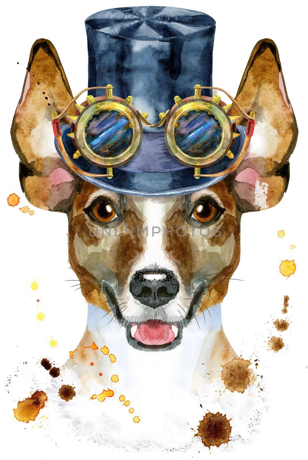Watercolor portrait of jack russell terrier in hat cylinder and steampunk glasses by NataOmsk