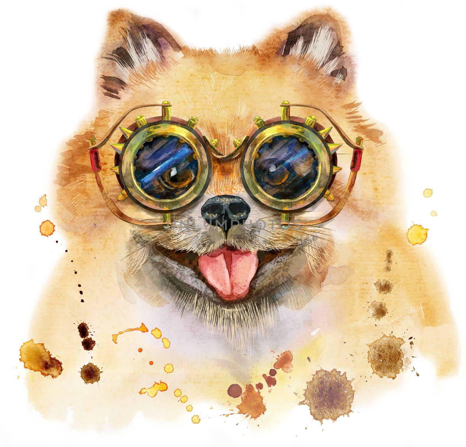 Watercolor portrait of dog pomeranian spitz with steampunk glasses by NataOmsk