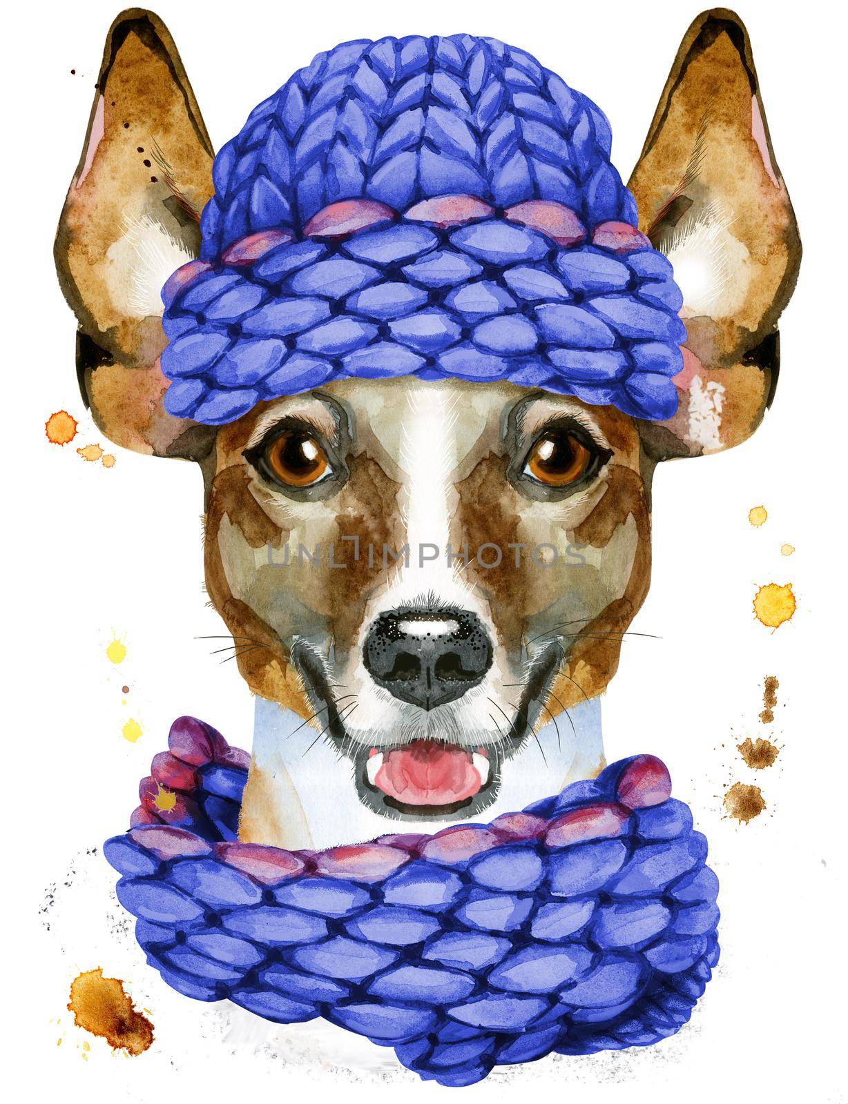 Cute Dog in a blue knitted hat. Dog T-shirt graphics. watercolor jack russell terrier illustration