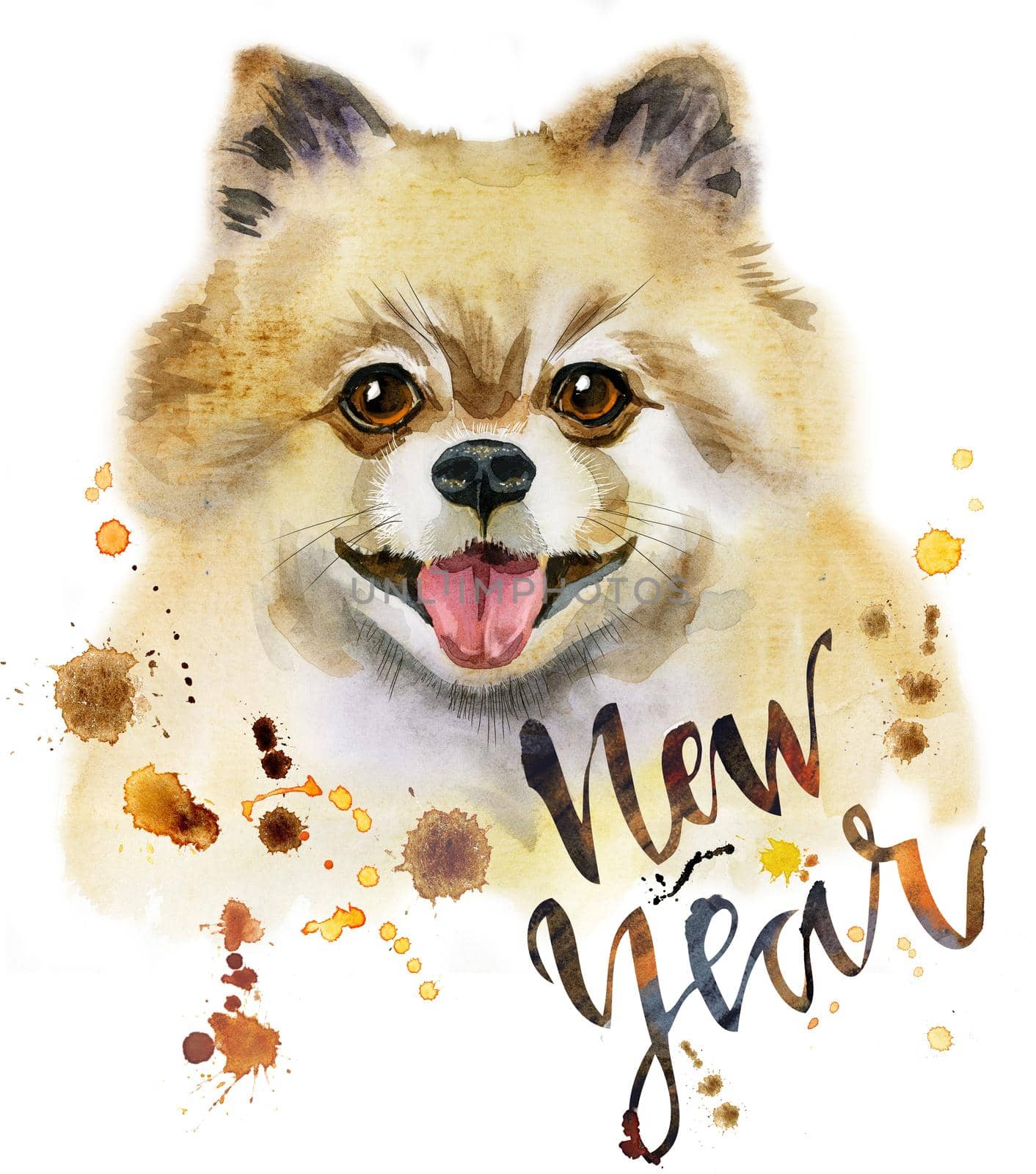 Cute Dog. Dog T-shirt graphics. watercolor pomeranian spitz illustration with the inscription New Year