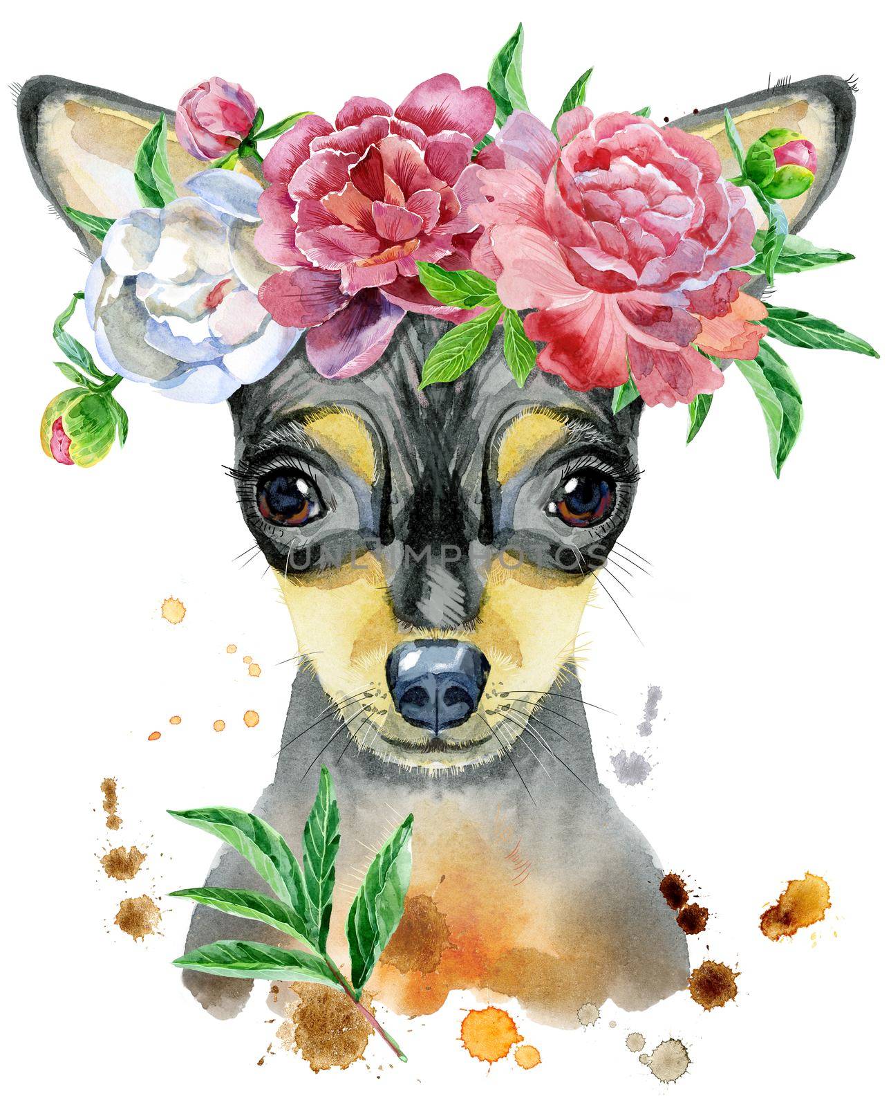 Cute Dog. Dog T-shirt graphics. watercolor toy terrier in a wreath of peonies illustration