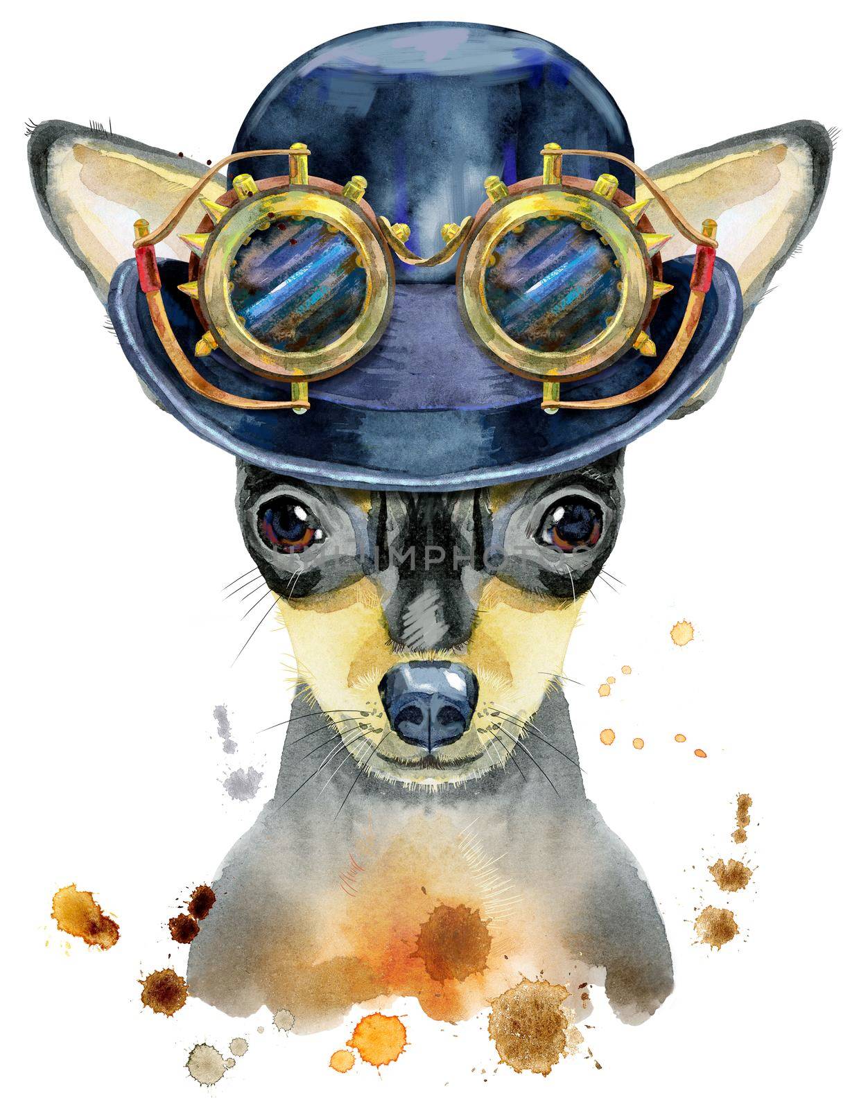 Cute Dog with hat bowler and steampunk glasses. Dog T-shirt graphics. watercolor toy terrier illustration