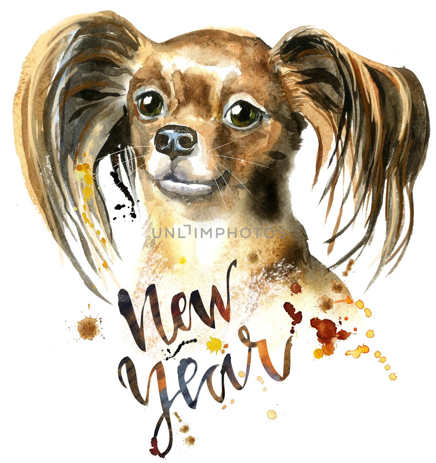 Cute Dog. Dog T-shirt graphics. watercolor toyl terrier illustration with the inscription New Year