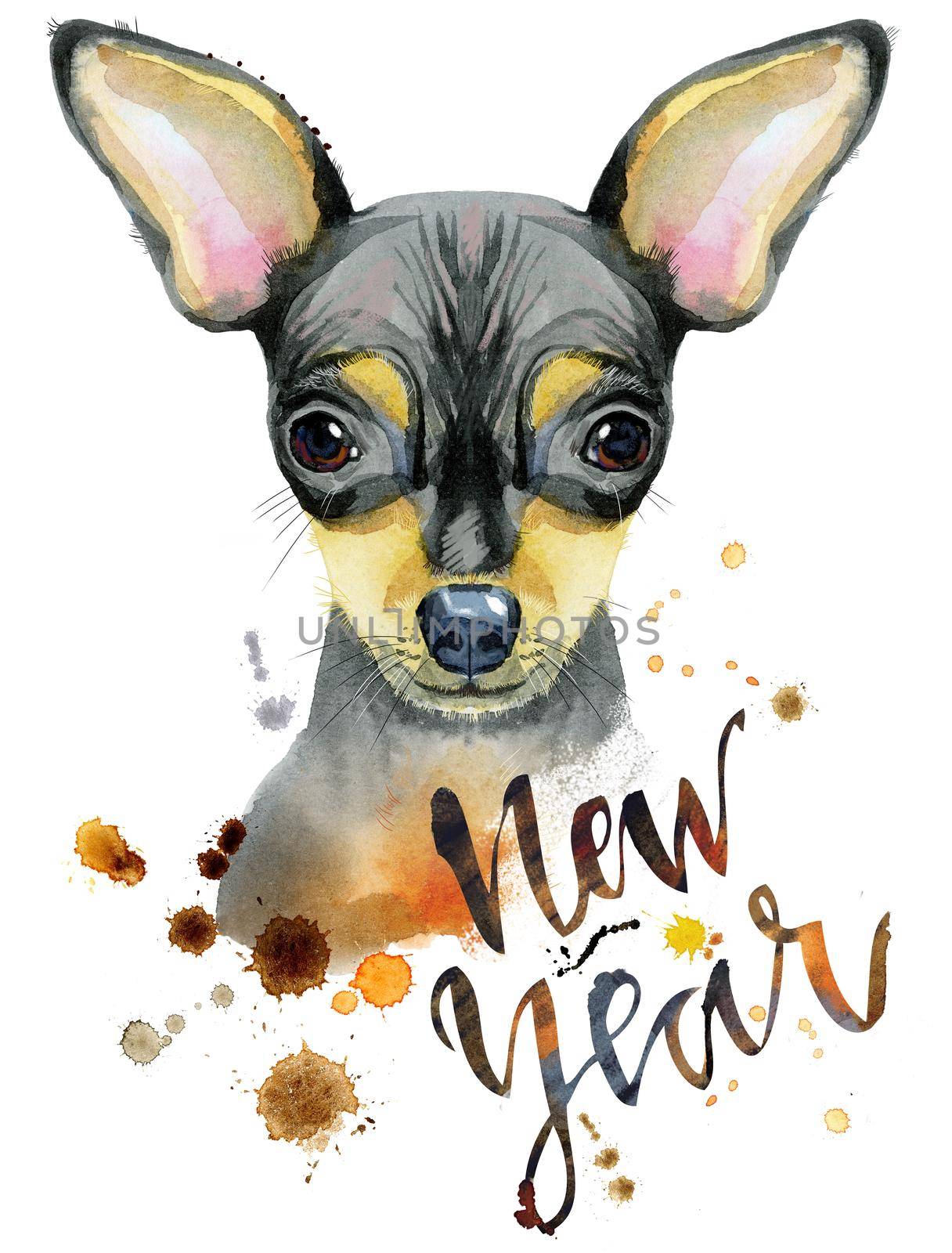 Cute Dog. Dog T-shirt graphics. watercolor toy terrier illustration with the inscription new year