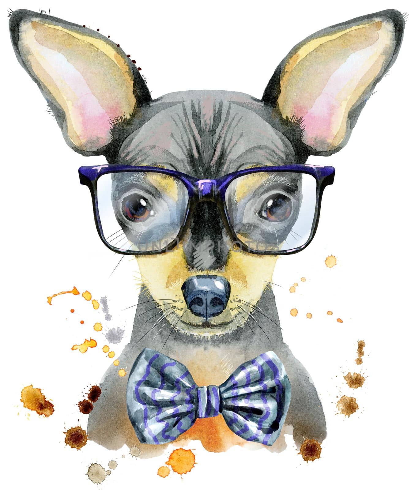Cute Dog with bow-tie and glasses. Dog T-shirt graphics. watercolor toy terrier illustration