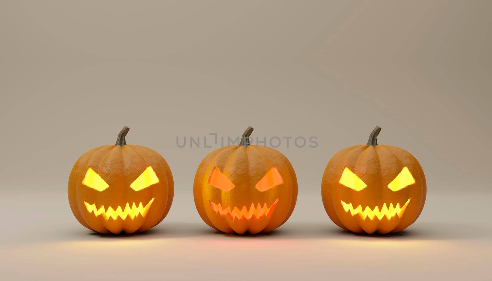 Halloween Pumpkins in a row isolated on white background. 3D Rendering illustration by raferto1973
