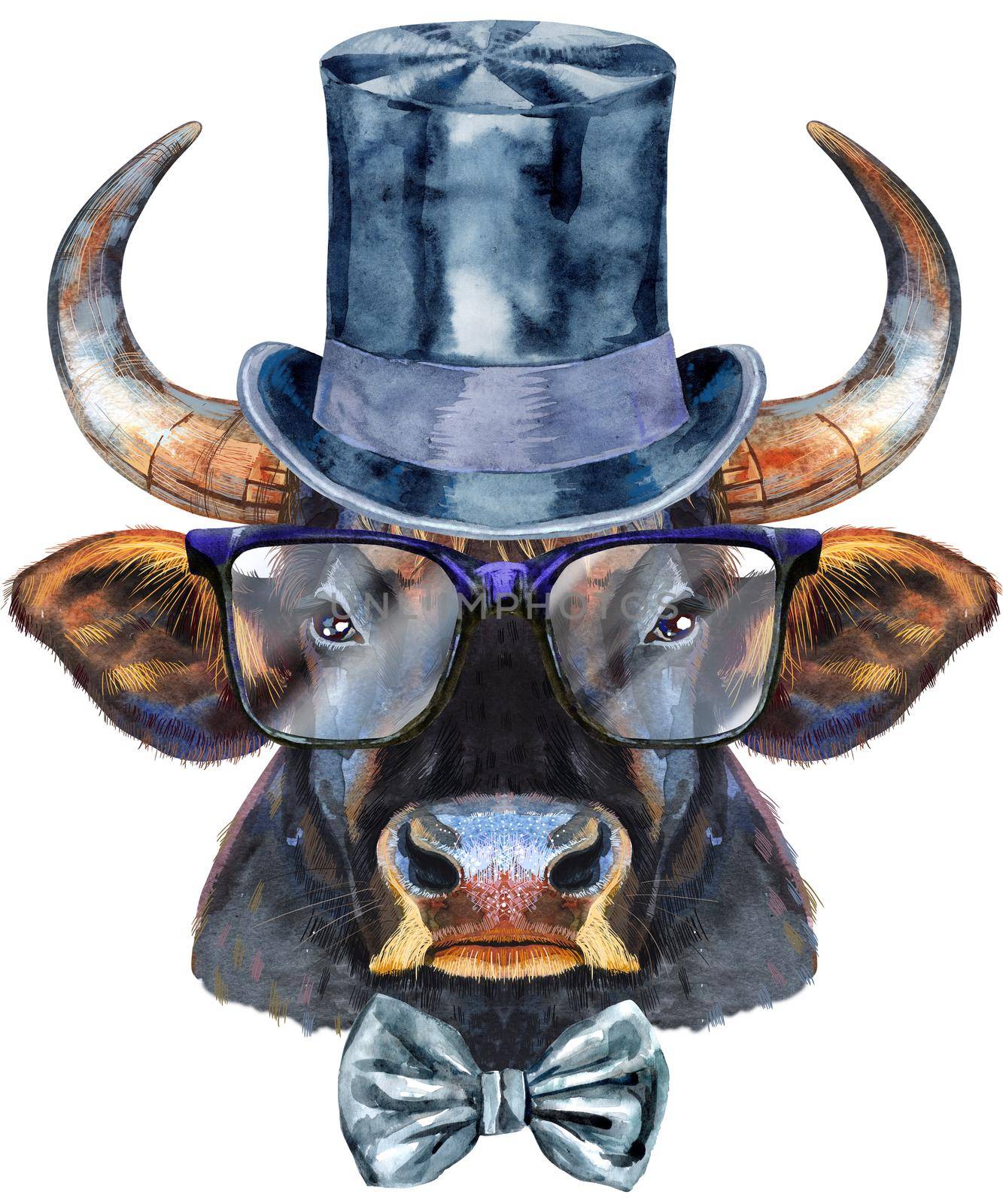 Bull watercolor graphics. Bull animal illustration watercolor textured background.