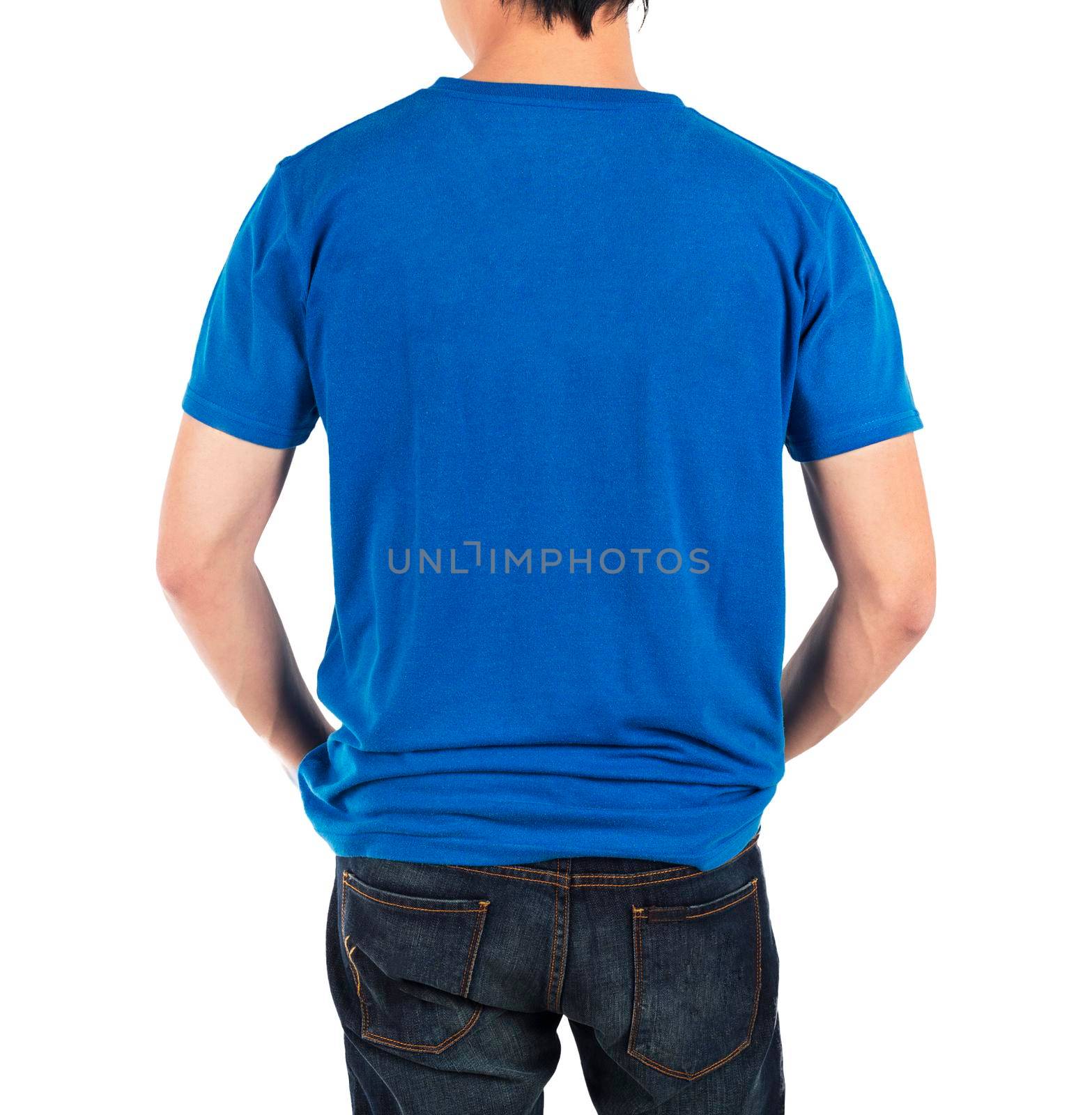Close up of man in back blue shirt on white background. by jayzynism
