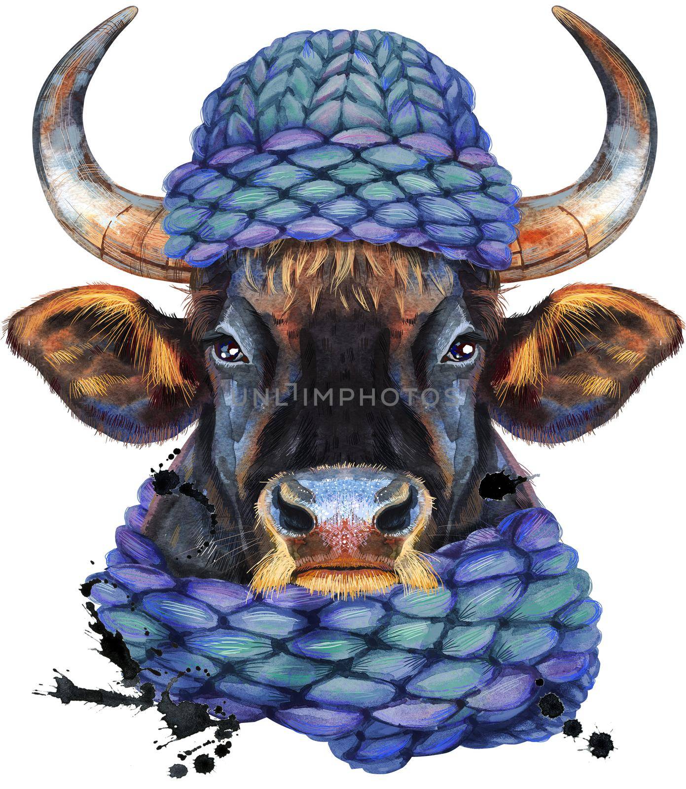 Bull in knitted blue hat. Watercolor graphics. Bull animal illustration with splashes.