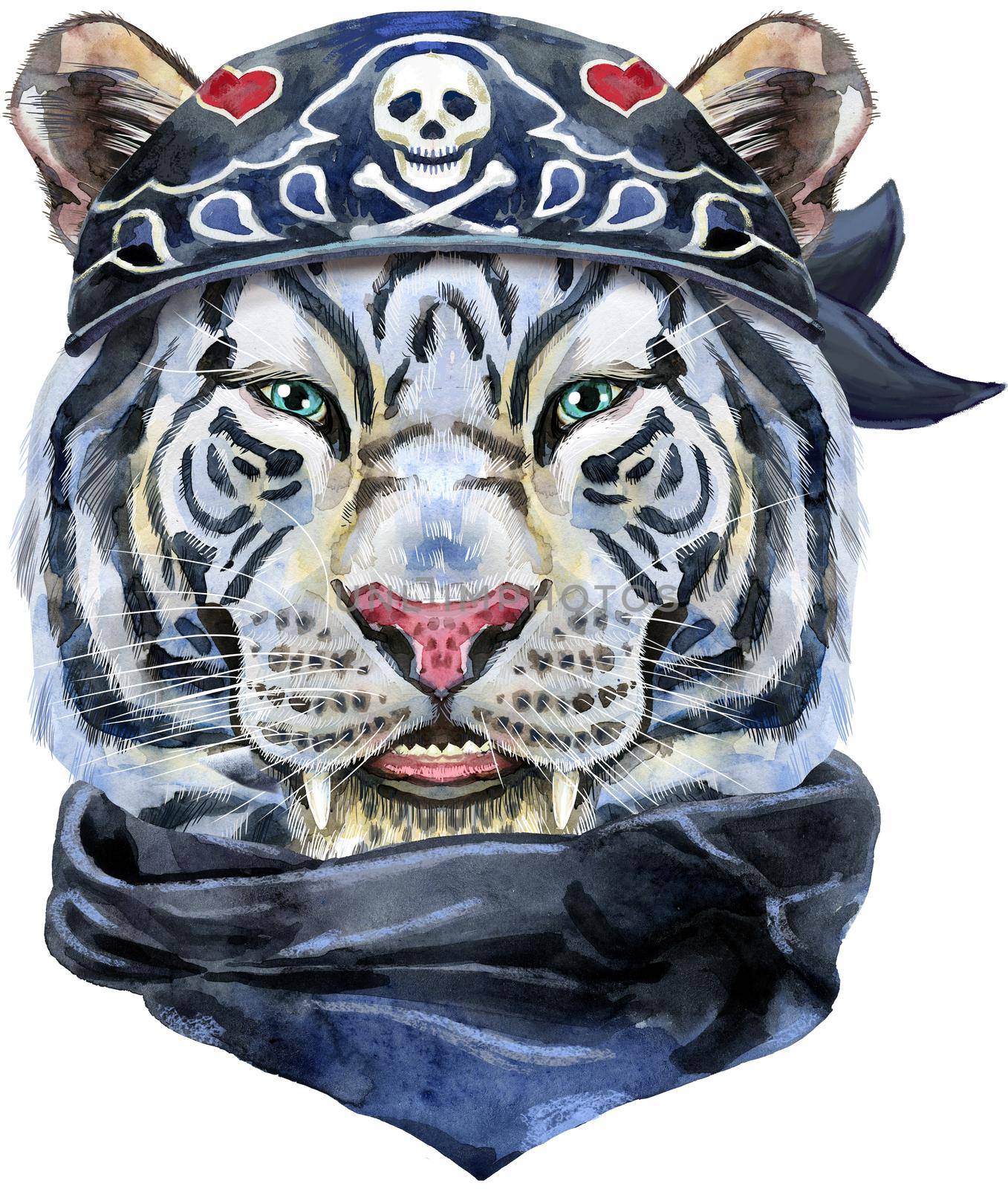 Hand drawn Tiger in a black bandana and a scarf. Watercolor drawing white tiger head, blue eyes by NataOmsk