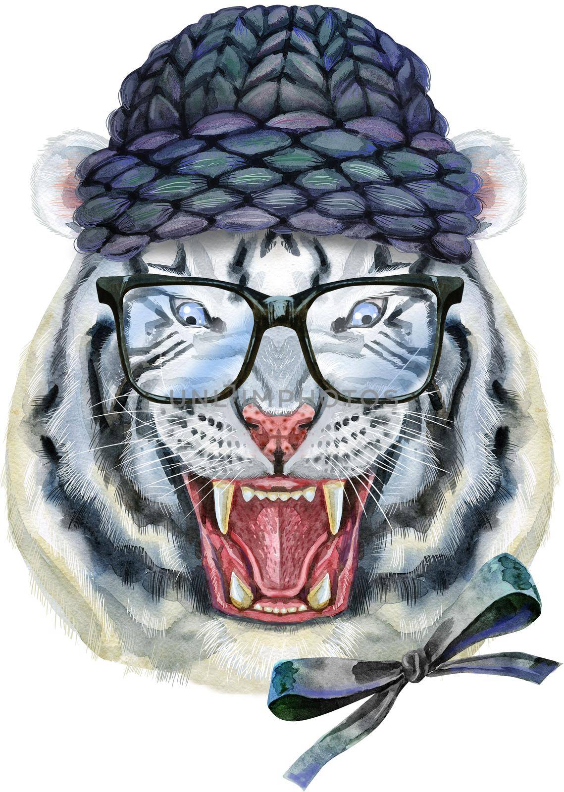 White aggressive tiger with open mouth and huge fangs in black winter hat
