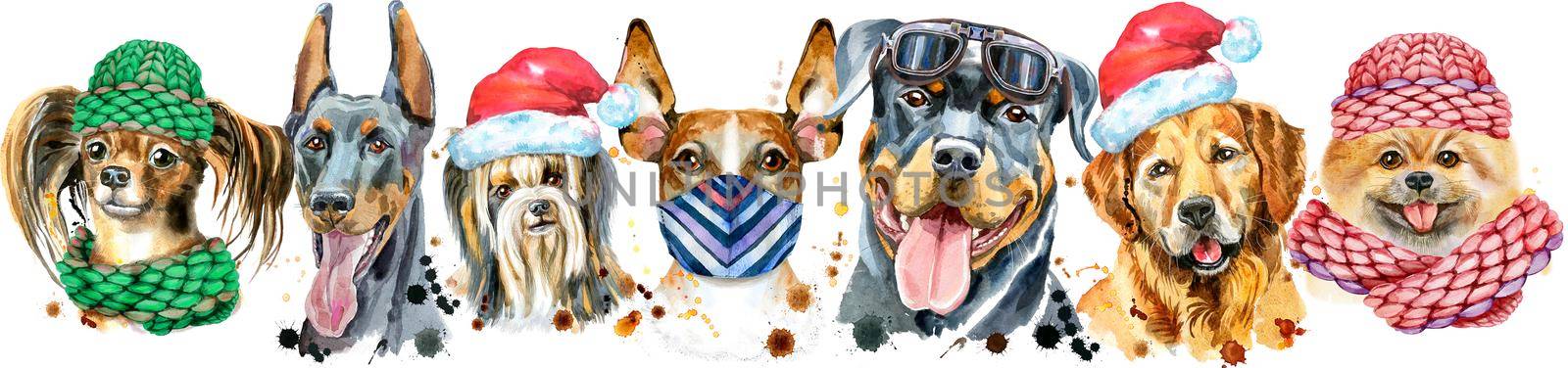 Cute border from watercolor portraits of dogs. For t-shirt graphics. Watercolor dogs illustration