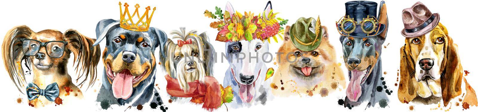 Cute border from watercolor portraits of dogs. For t-shirt graphics. Watercolor dogs illustration