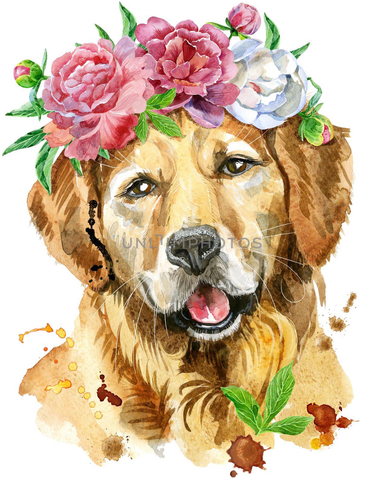 Cute Dog. Dog T-shirt graphics. watercolor golden retriever illustration in a wreath of peonies