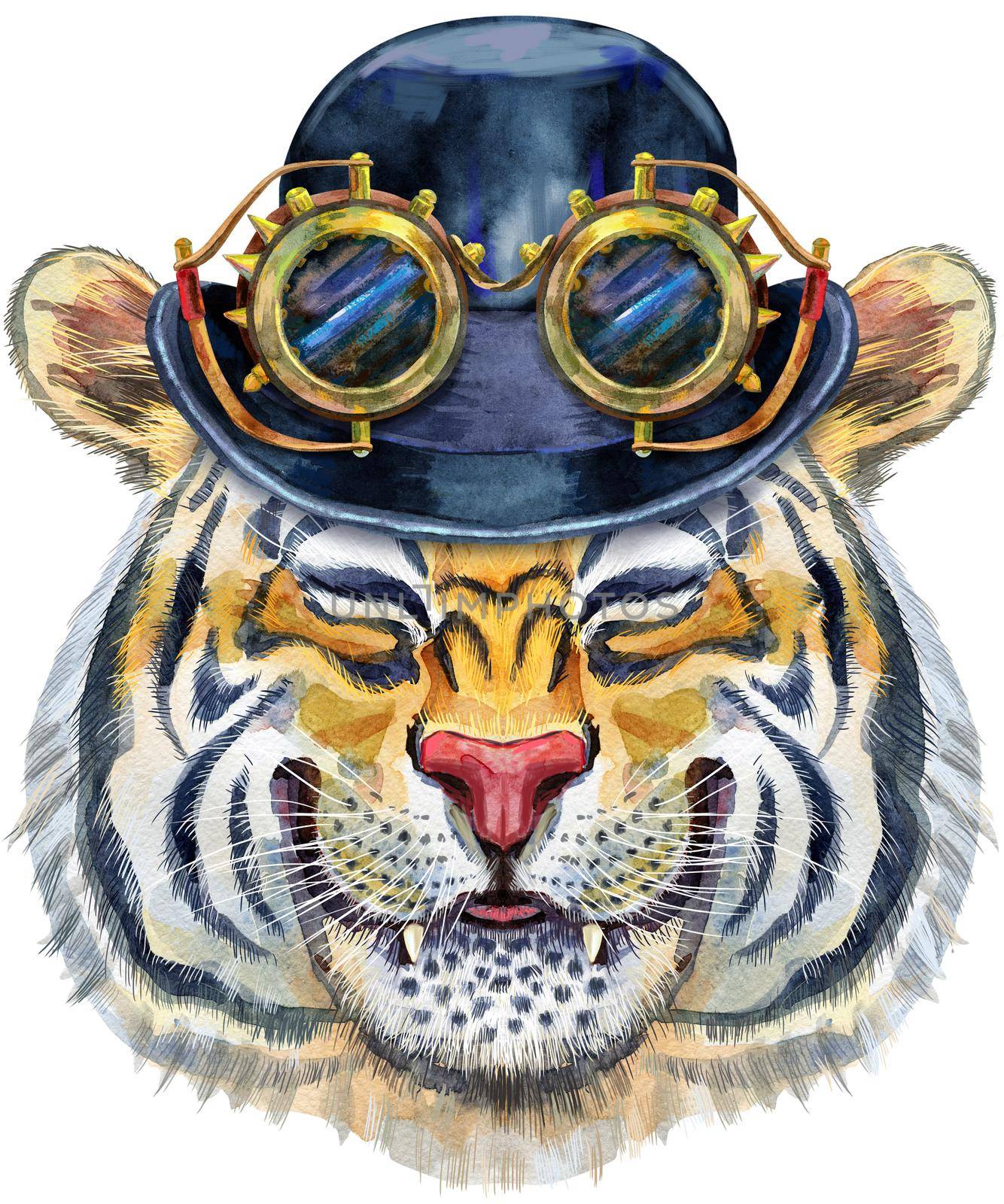 Watercolor illustration of orange tiger with hat bowler and steampunk glasses. Wild animal watercolor illustration on white background