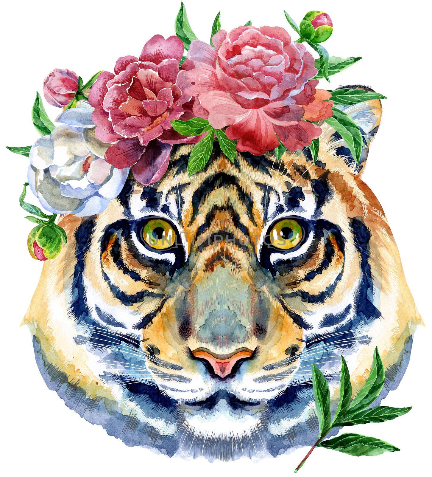 Tiger head horoscope character with flowers isolated on white background.