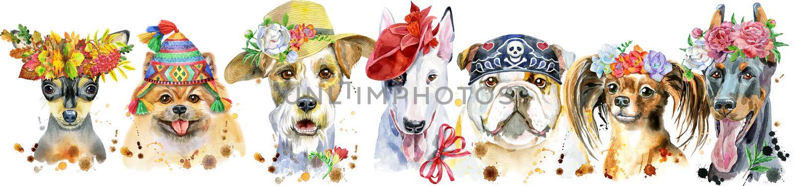 Border from watercolor portraits of dogs for decoration by NataOmsk