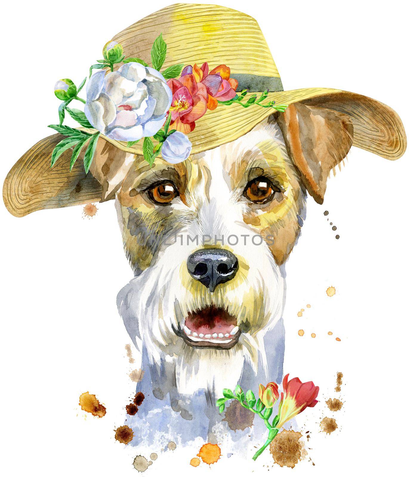 Watercolor portrait of airedale terrier dog with summer hat by NataOmsk