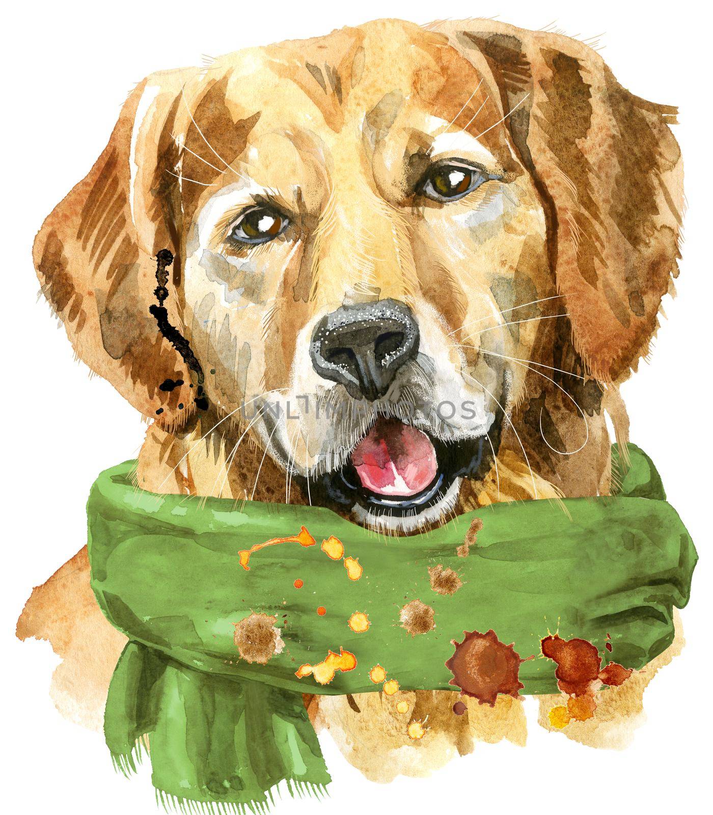 Watercolor portrait of golden retriever with green scarf by NataOmsk