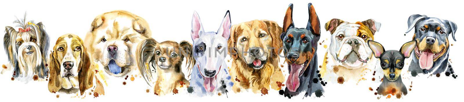 Cute border from watercolor portraits of dogs. For t-shirt graphics. Watercolor dogs illustration