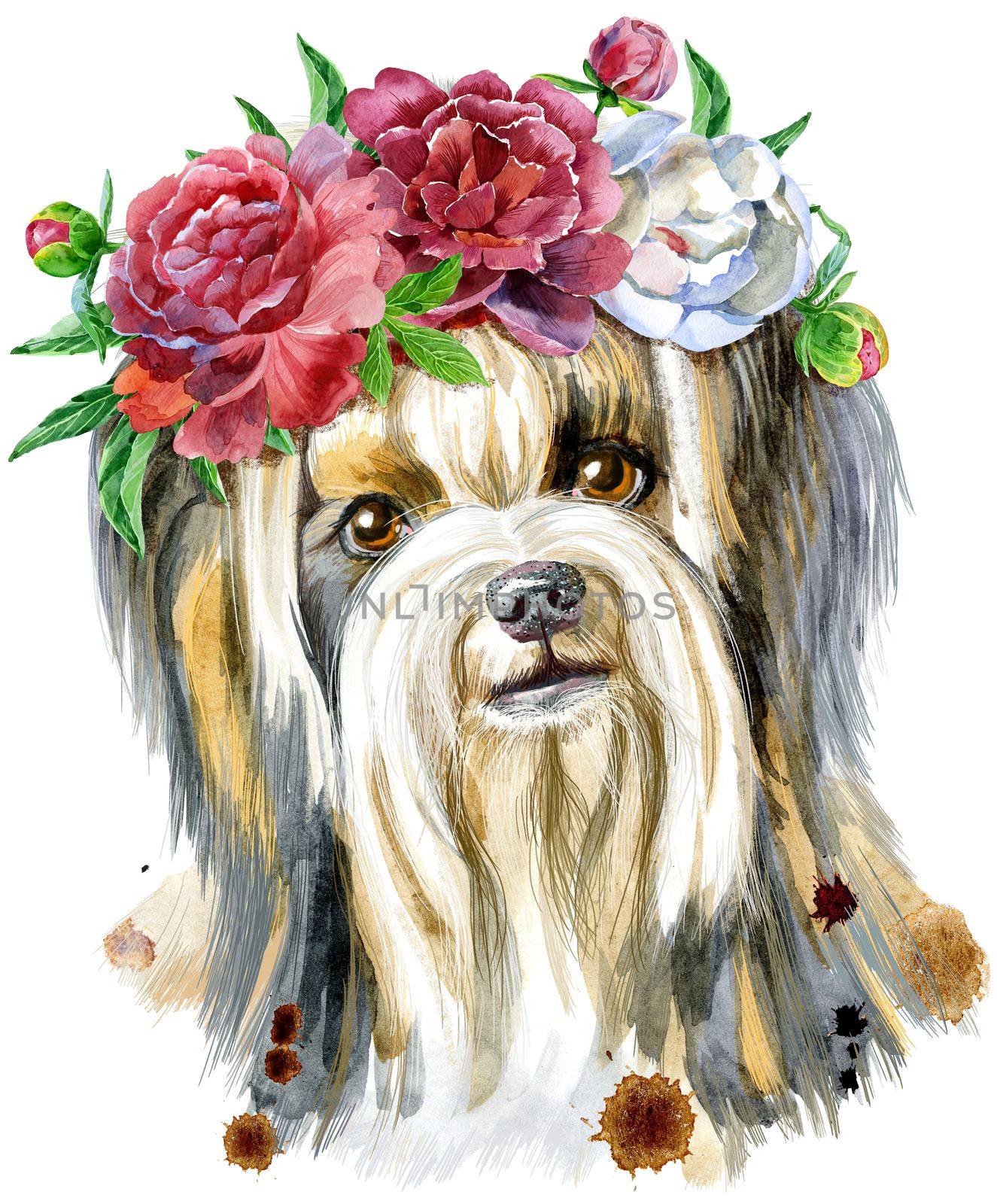 Dog, yorkie with wreath of peonies on white background. Hand drawn sweet pet illustration.