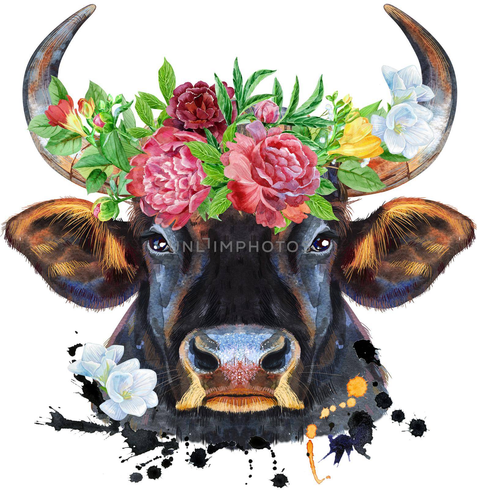 Bull in wreath of flowers. Watercolor graphics. Bull animal illustration with splashes watercolor textured background.
