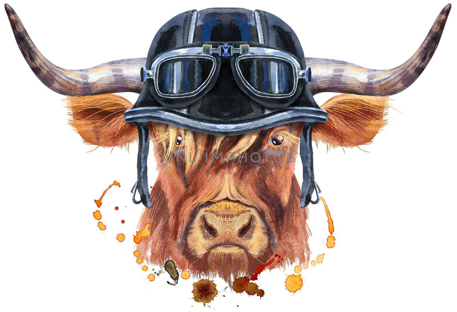 Bull watercolor graphics. Bull in a biker helmet with glasses. Animal illustration with splash watercolor textured background.
