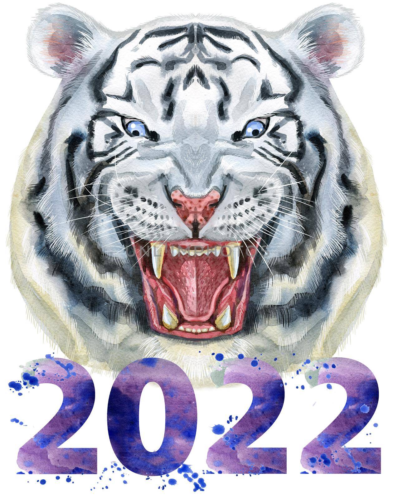 White aggressive tiger with open mouth and huge fangs, with number two thousand and twenty two