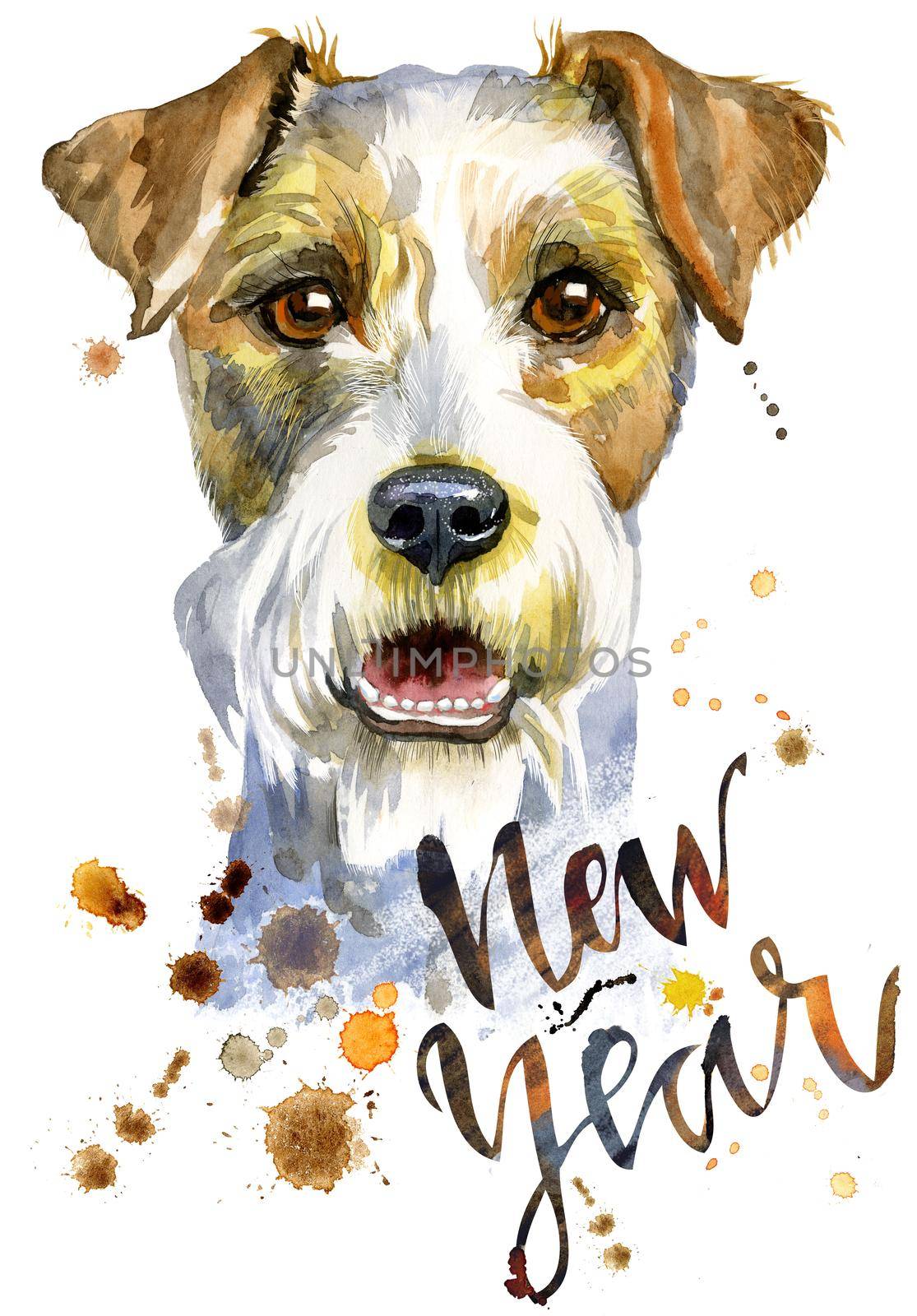 Cute Dog. Dog T-shirt graphics. watercolor airedale terrier illustration with the inscription New Year