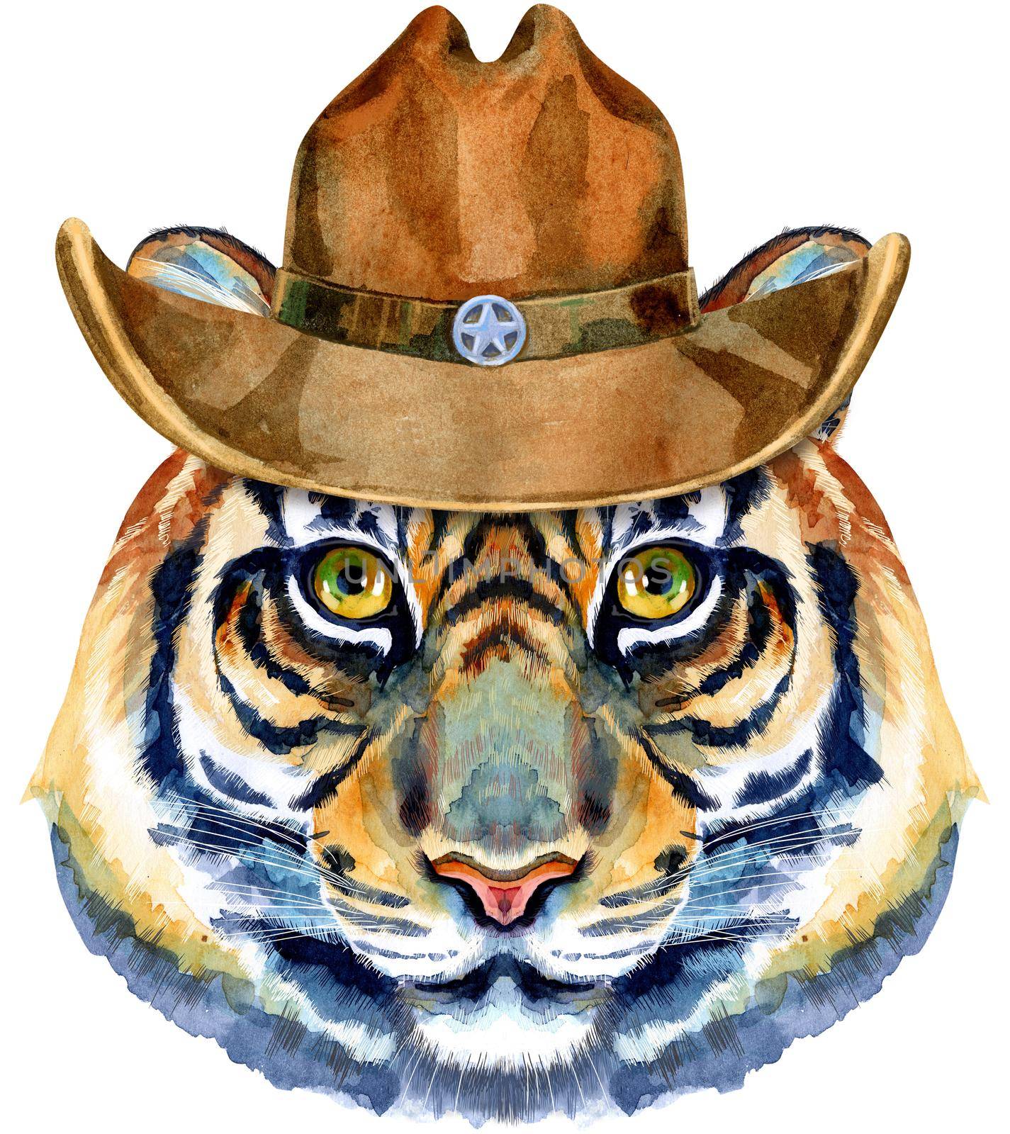 Tiger horoscope character watercolor illustration in cowboy hat isolated on white background. by NataOmsk