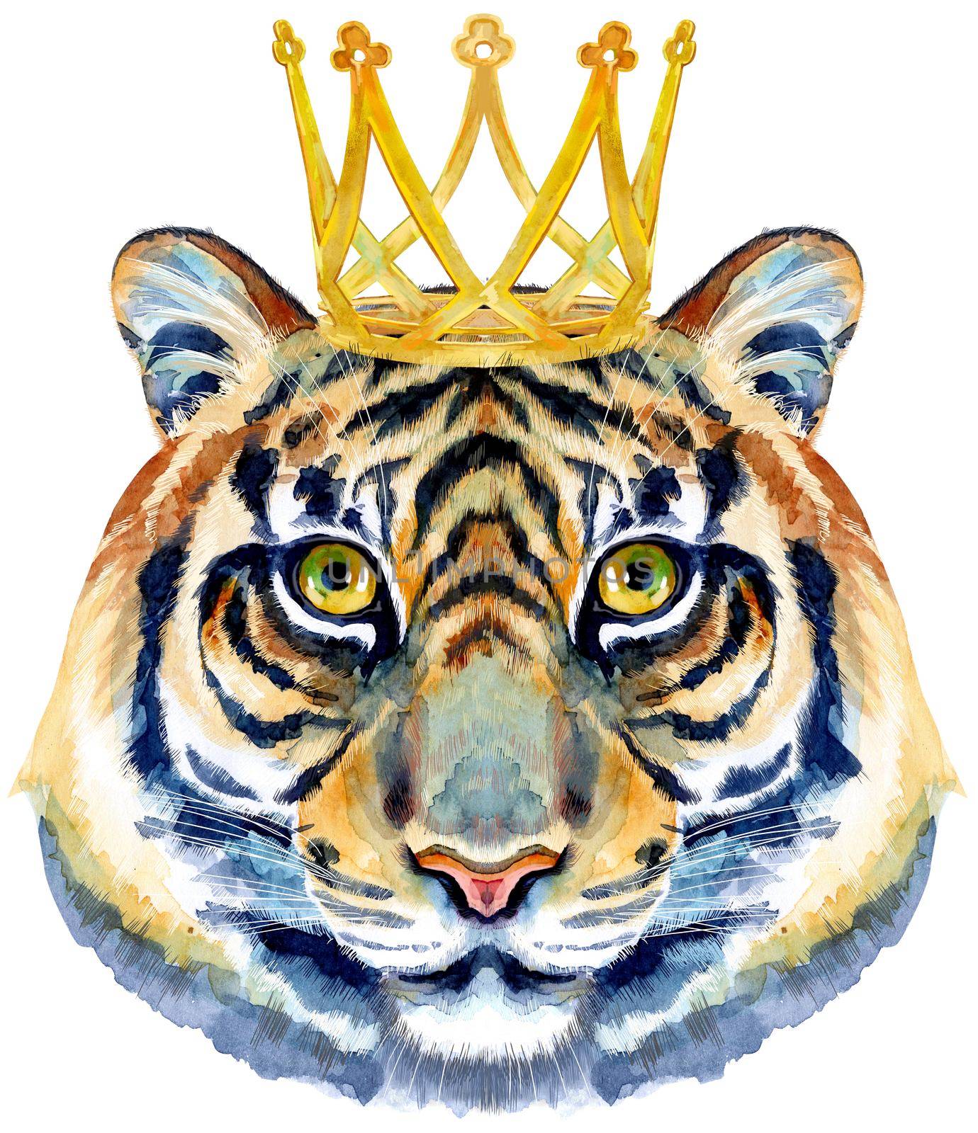 Tiger horoscope character watercolor illustration with golden crown isolated on white background. by NataOmsk
