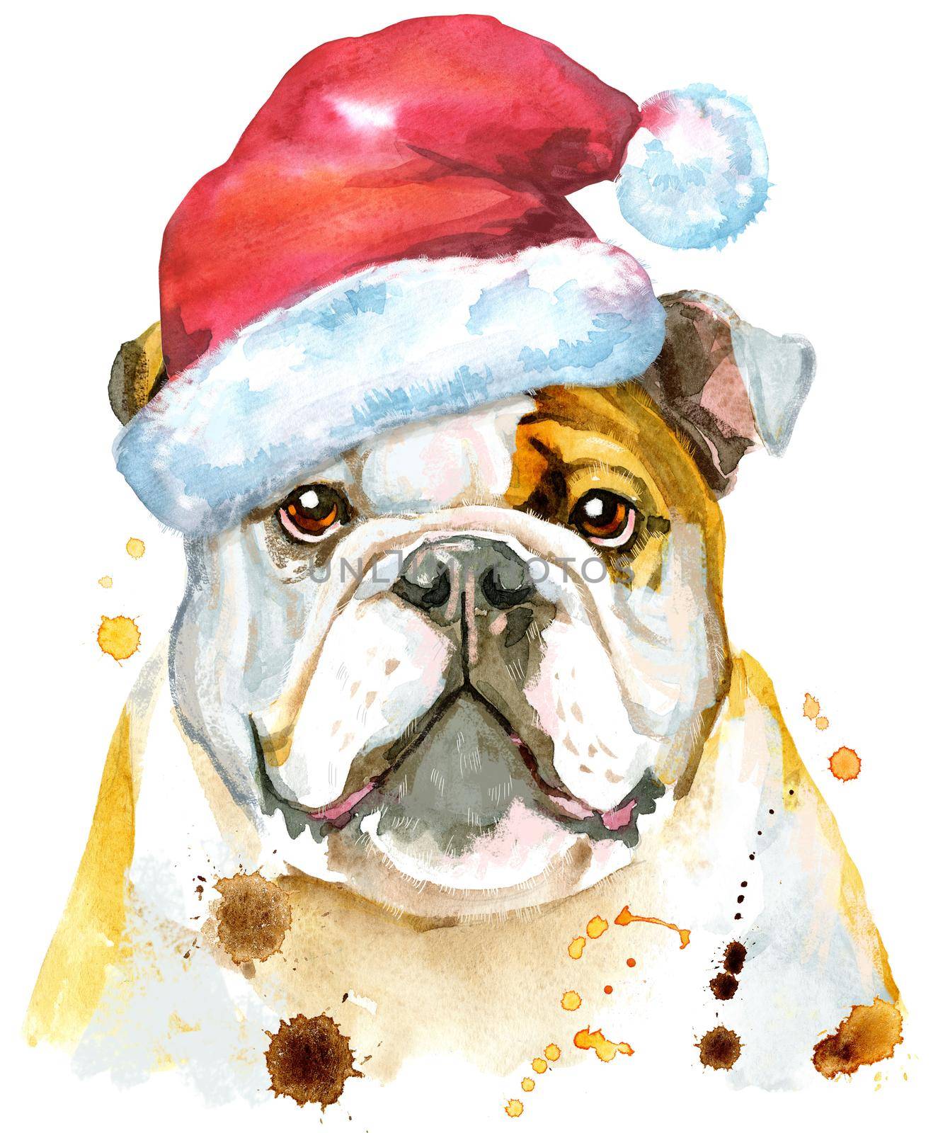 Watercolor portrait of bulldog with Santa hat by NataOmsk