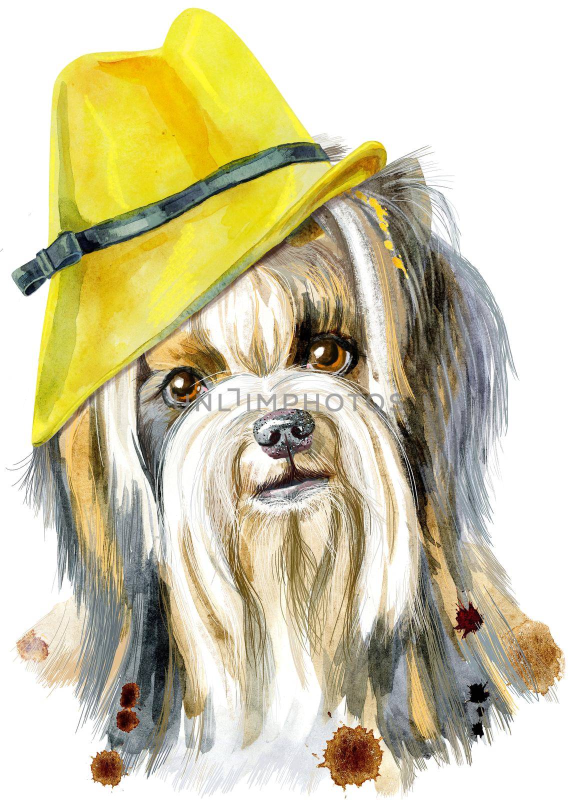 Dog, yorkie with yellow hat on white background. Hand drawn sweet pet illustration.