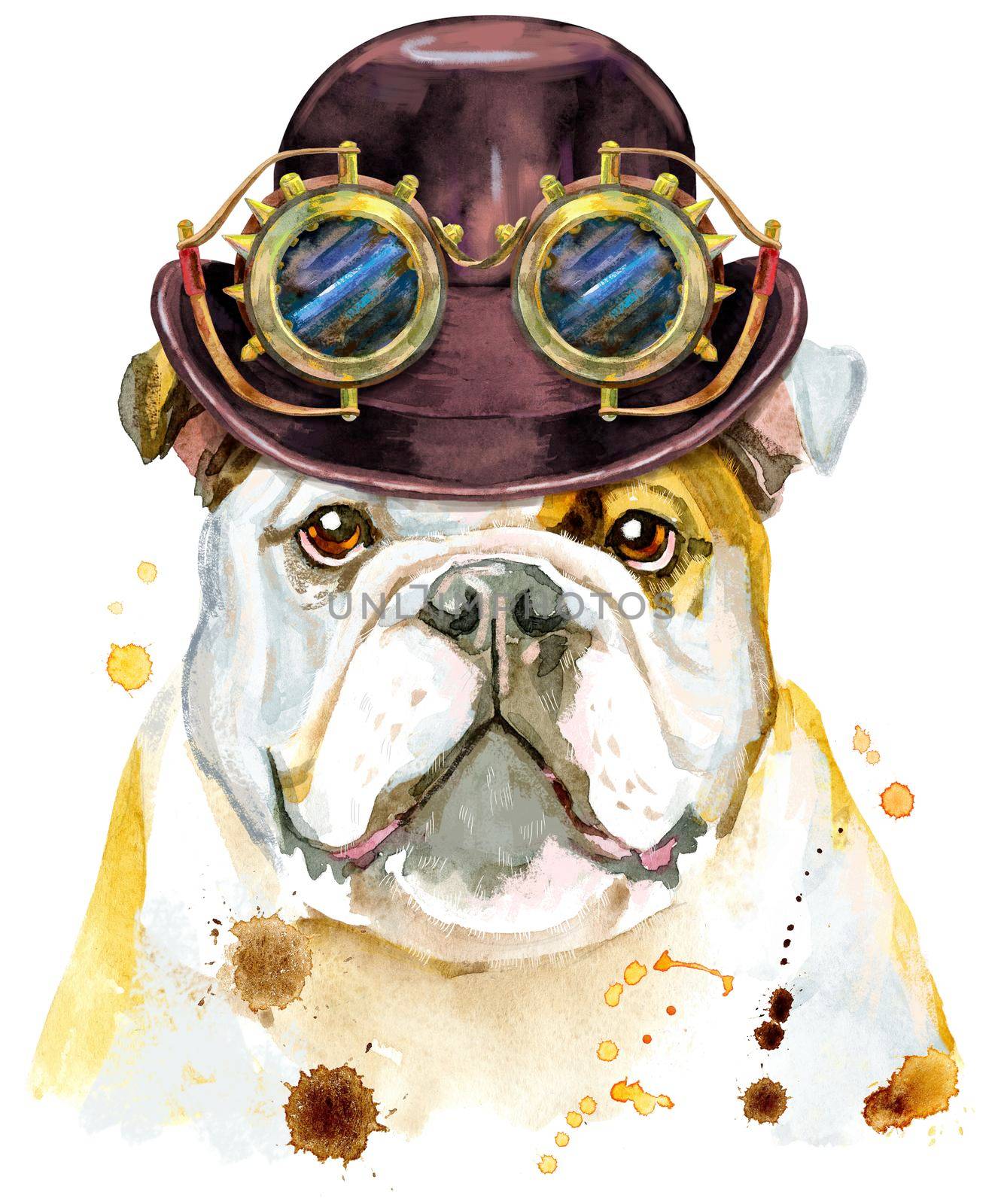 Watercolor portrait of bulldog with hat bowler and steampunk glasses by NataOmsk