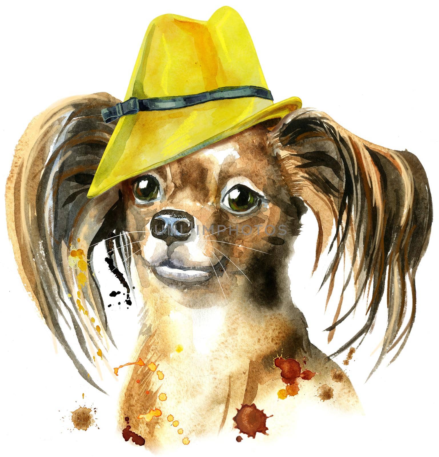 Watercolor portrait of long-haired toy terrier with a yellow elegant hat by NataOmsk