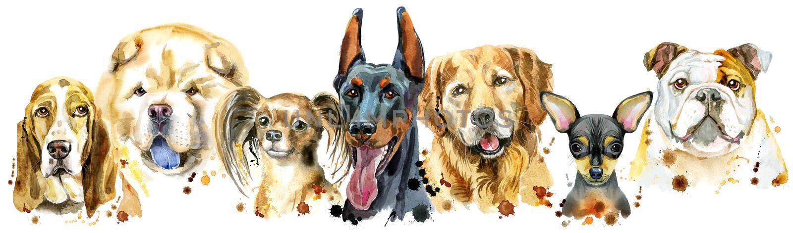 Cute border from watercolor portraits of dogs. For t-shirt graphics. Watercolor dogs illustration