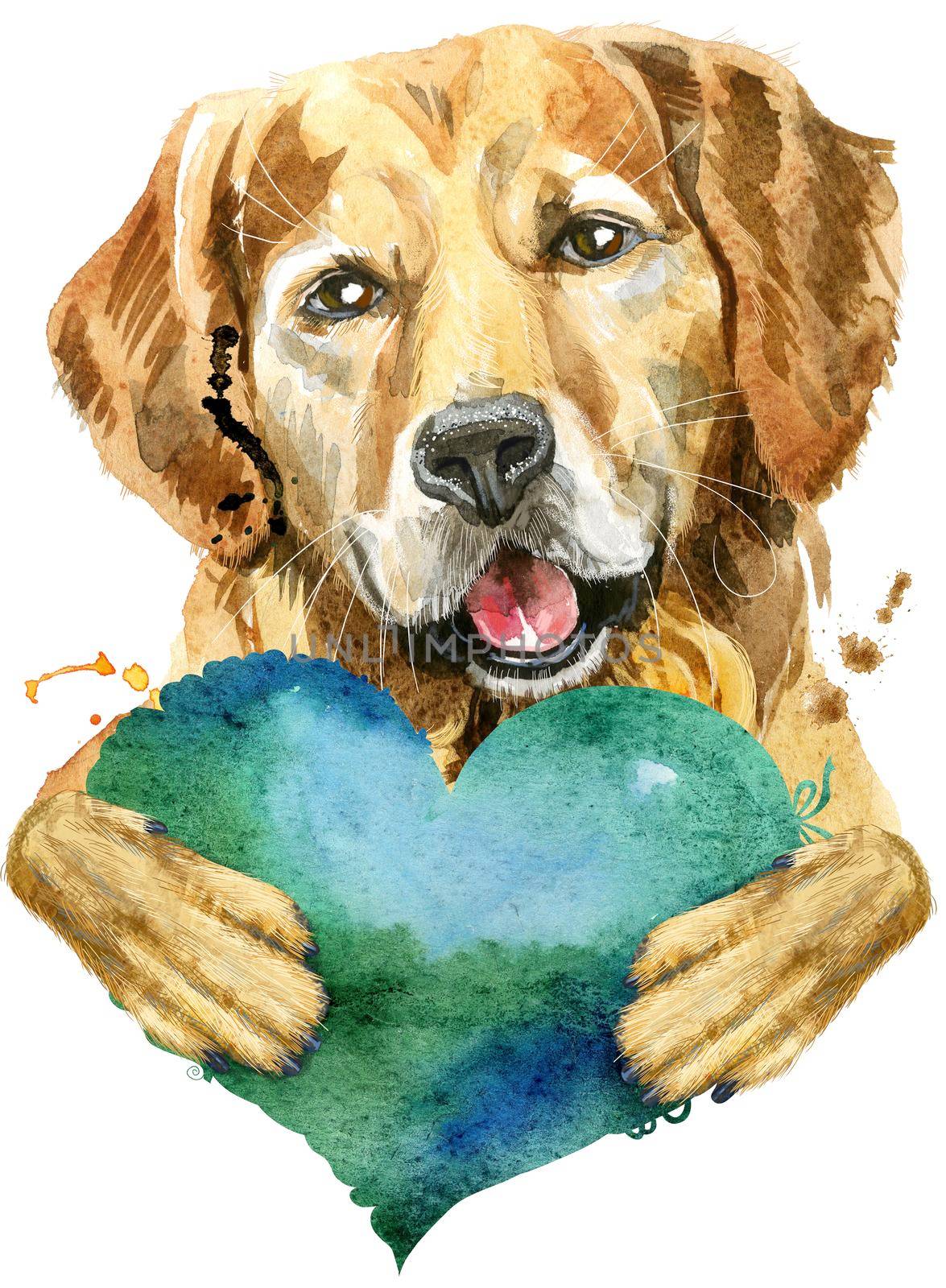 Watercolor portrait of golden retriever with green heart by NataOmsk