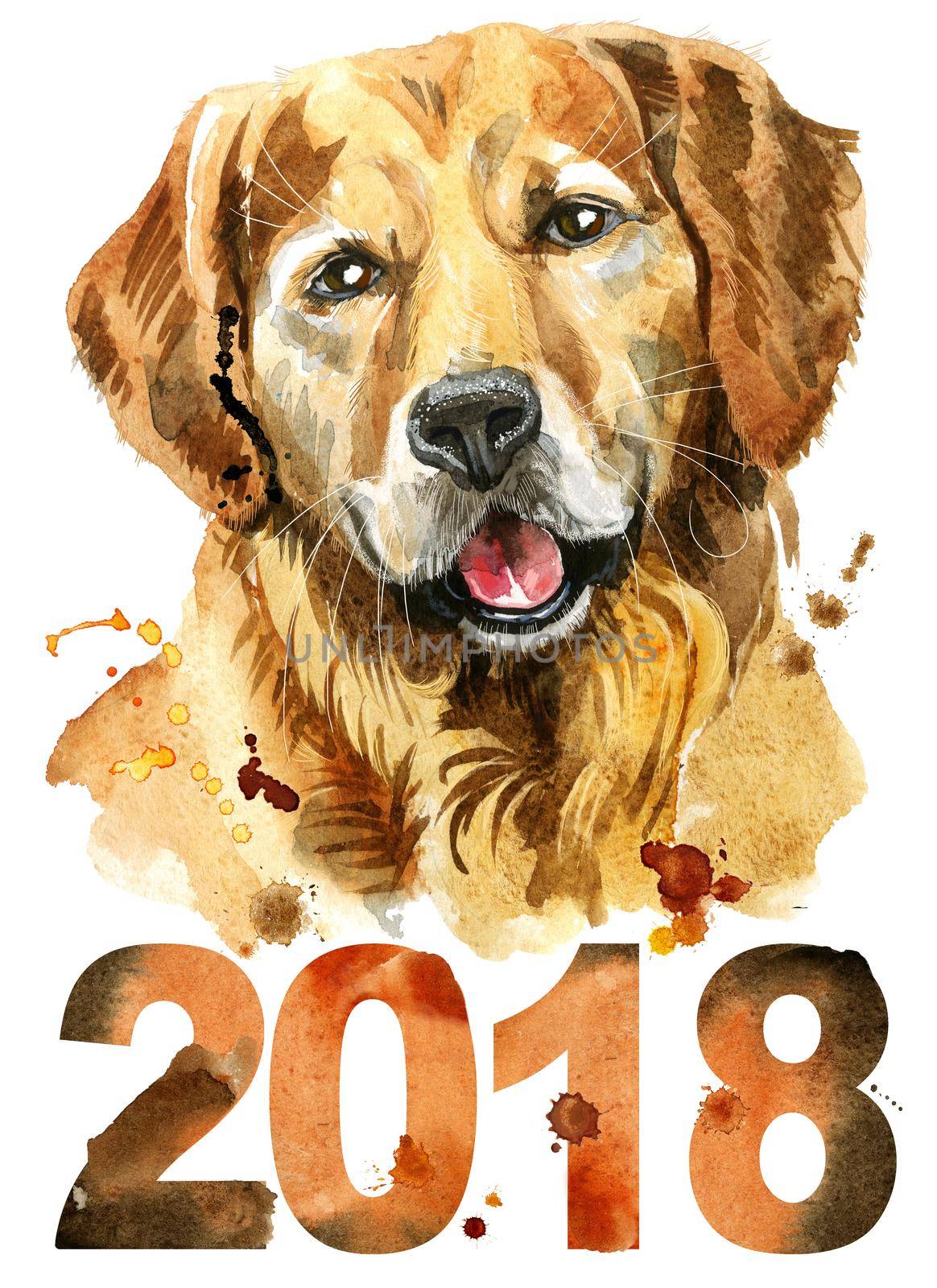 Cute Dog. Dog T-shirt graphics. watercolor golden retriever illustration. New year 2018