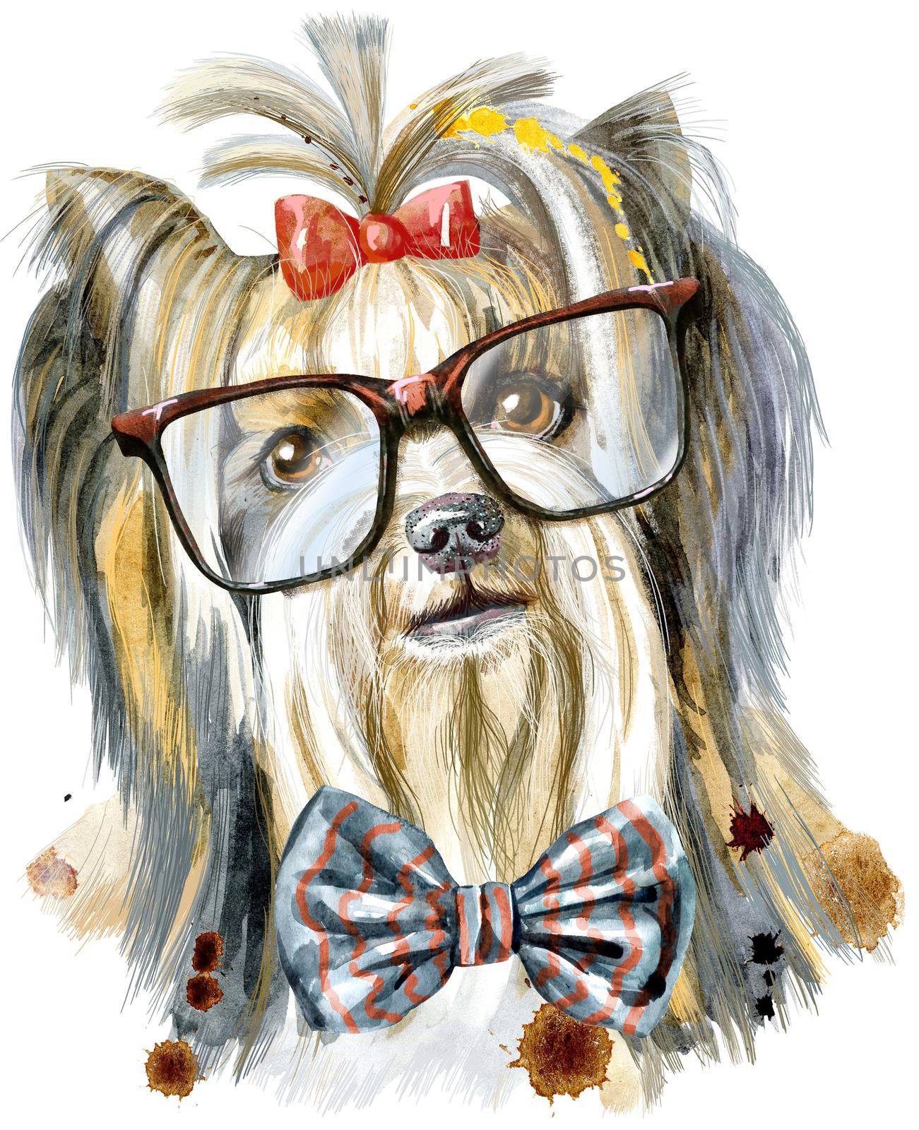 Dog, yorkie with bow-tie and glasses on white background. Hand drawn sweet pet illustration.