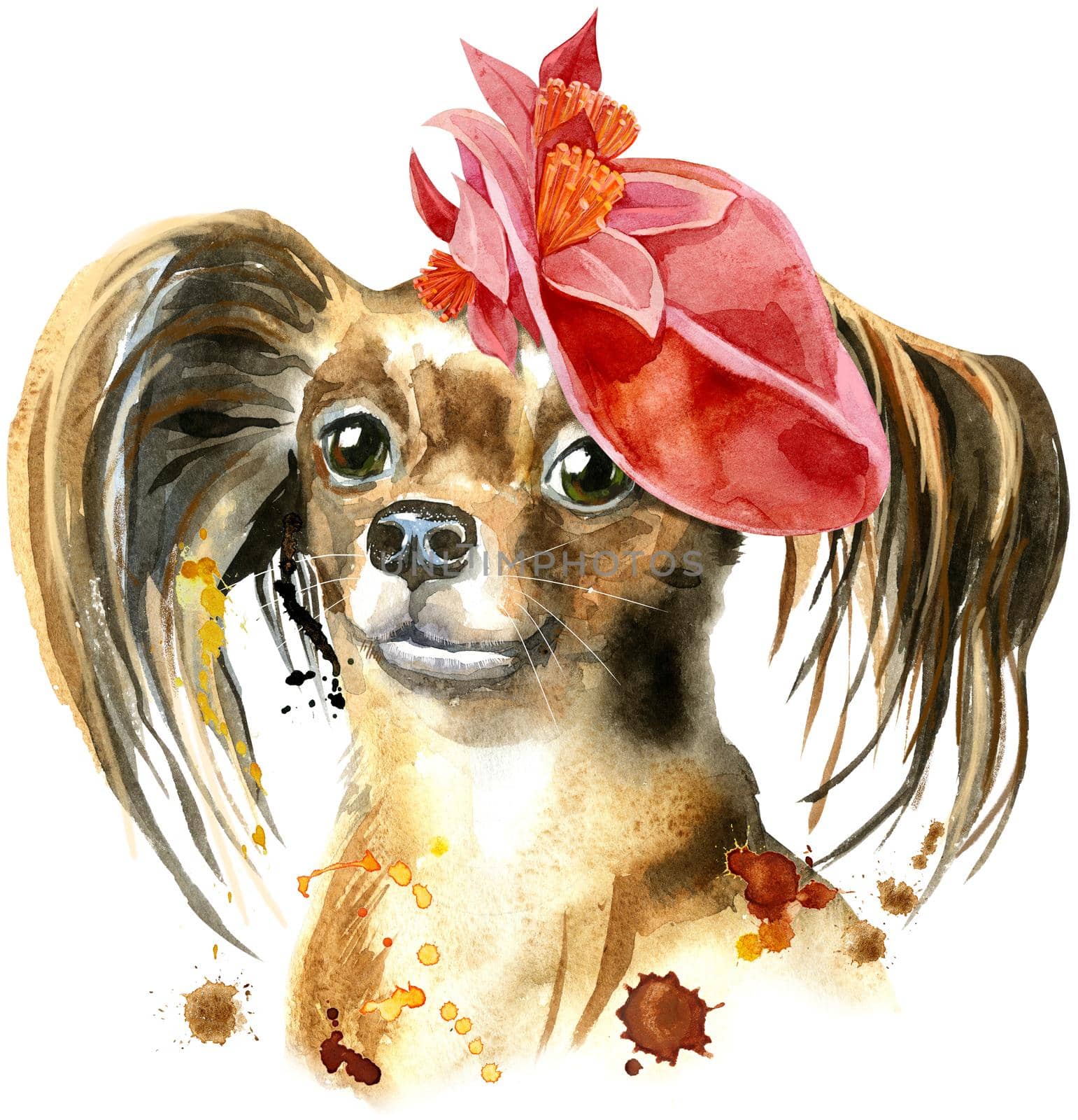 Watercolor portrait of long-haired toy terrier with red cap with artificial flowers by NataOmsk