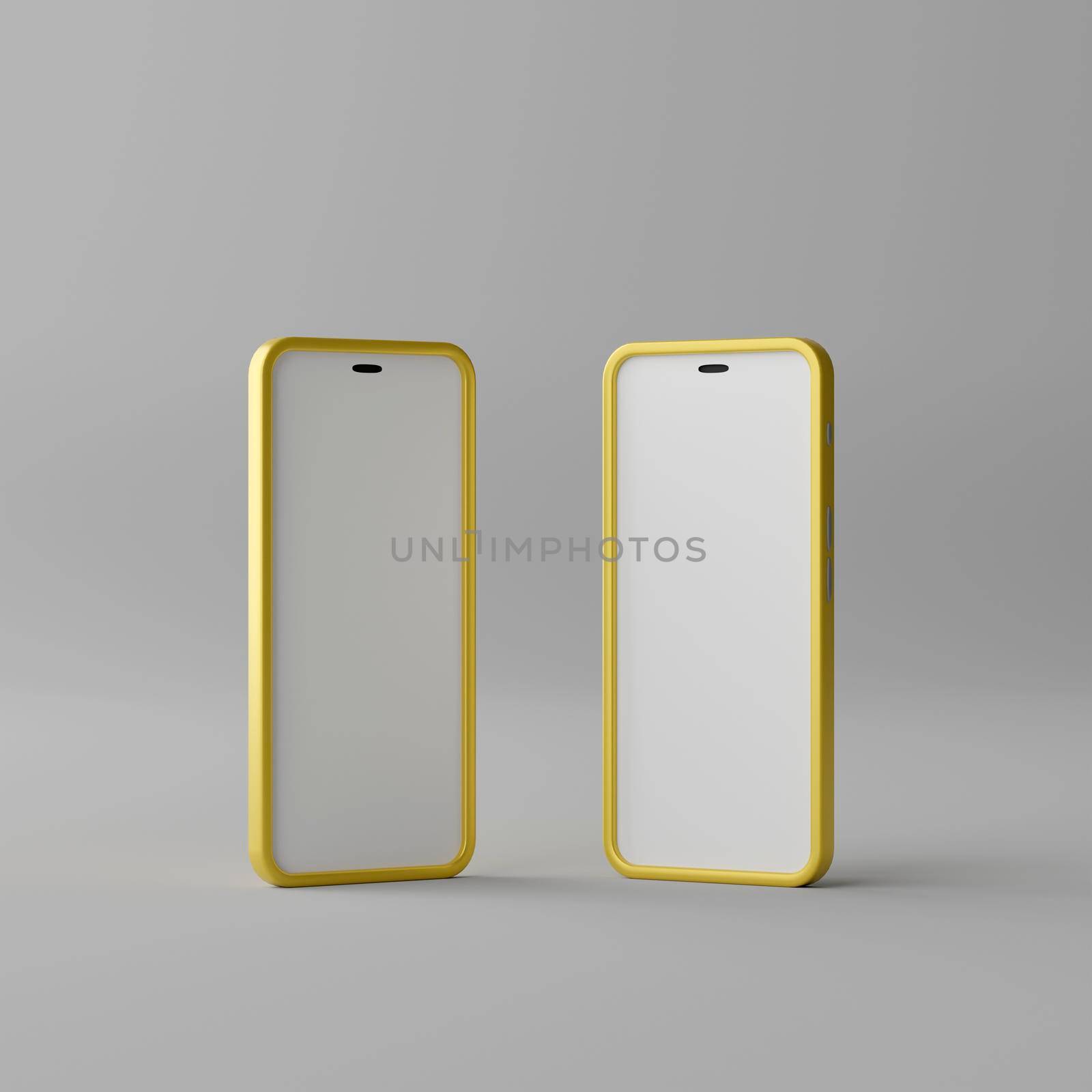 Two smart phone with blank screen on grey background. 3d rendering