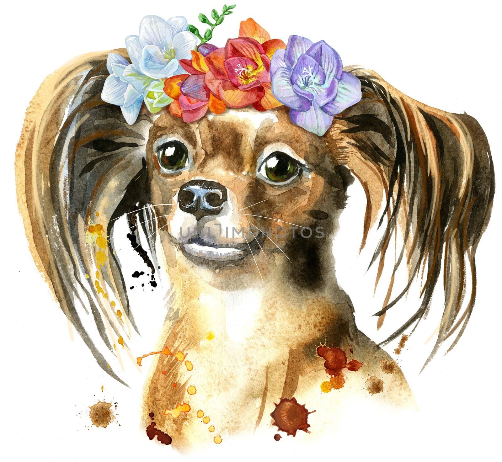 Watercolor portrait of long-haired toy terrier in a wreath of freesia by NataOmsk